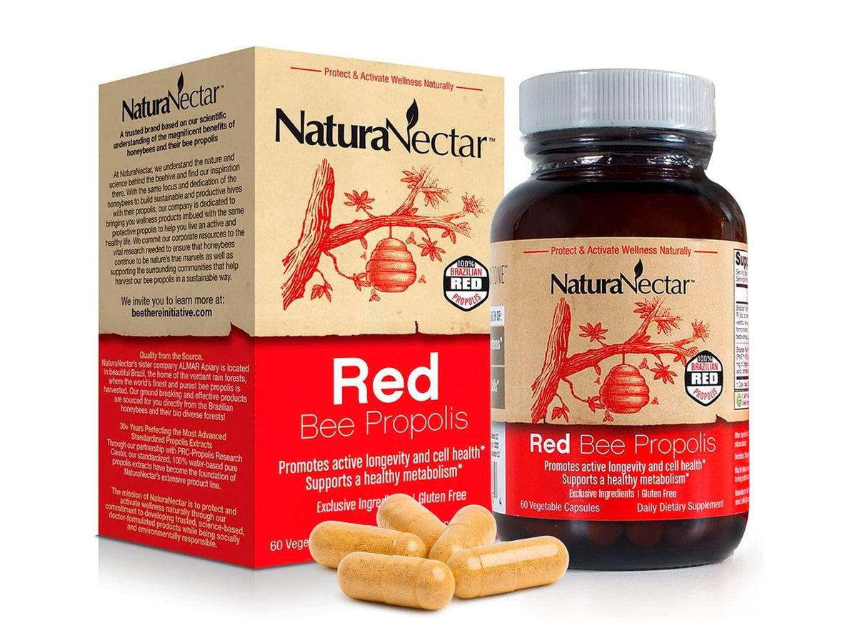 NaturaNectar Propolis Rojo cápsulas en bote, apoyan energía diaria.