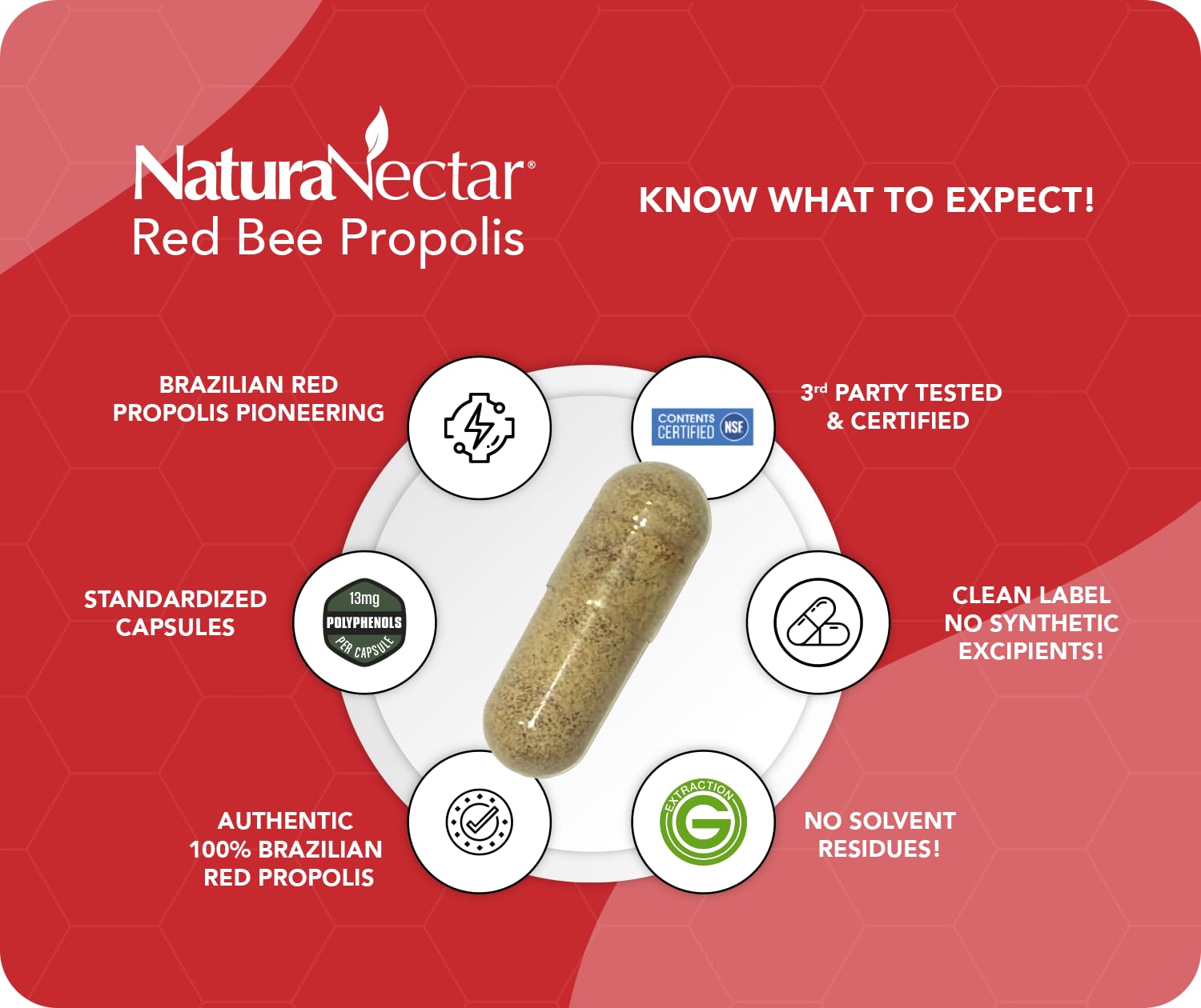 Capsulas de Propolis Rojo NaturaNectar, ideal para consumo diario.