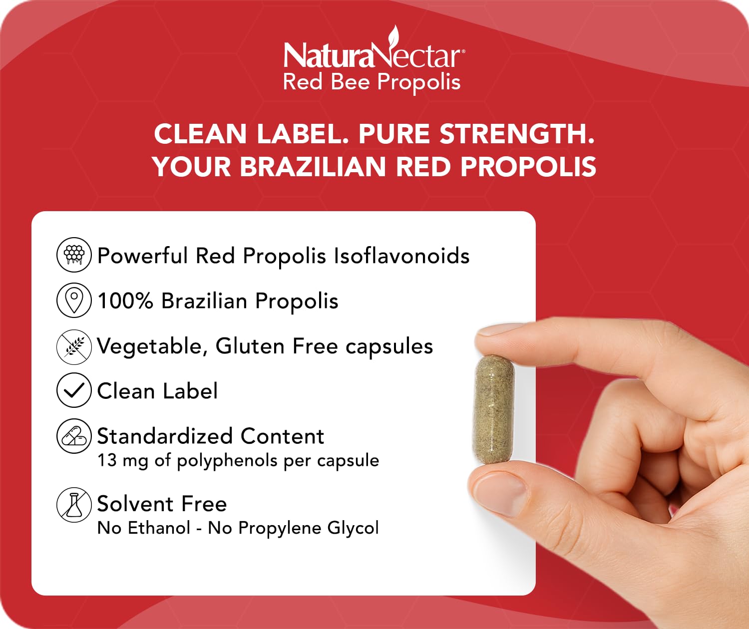 NaturaNectar Propolis Rojo envase de cápsulas para uso diario.