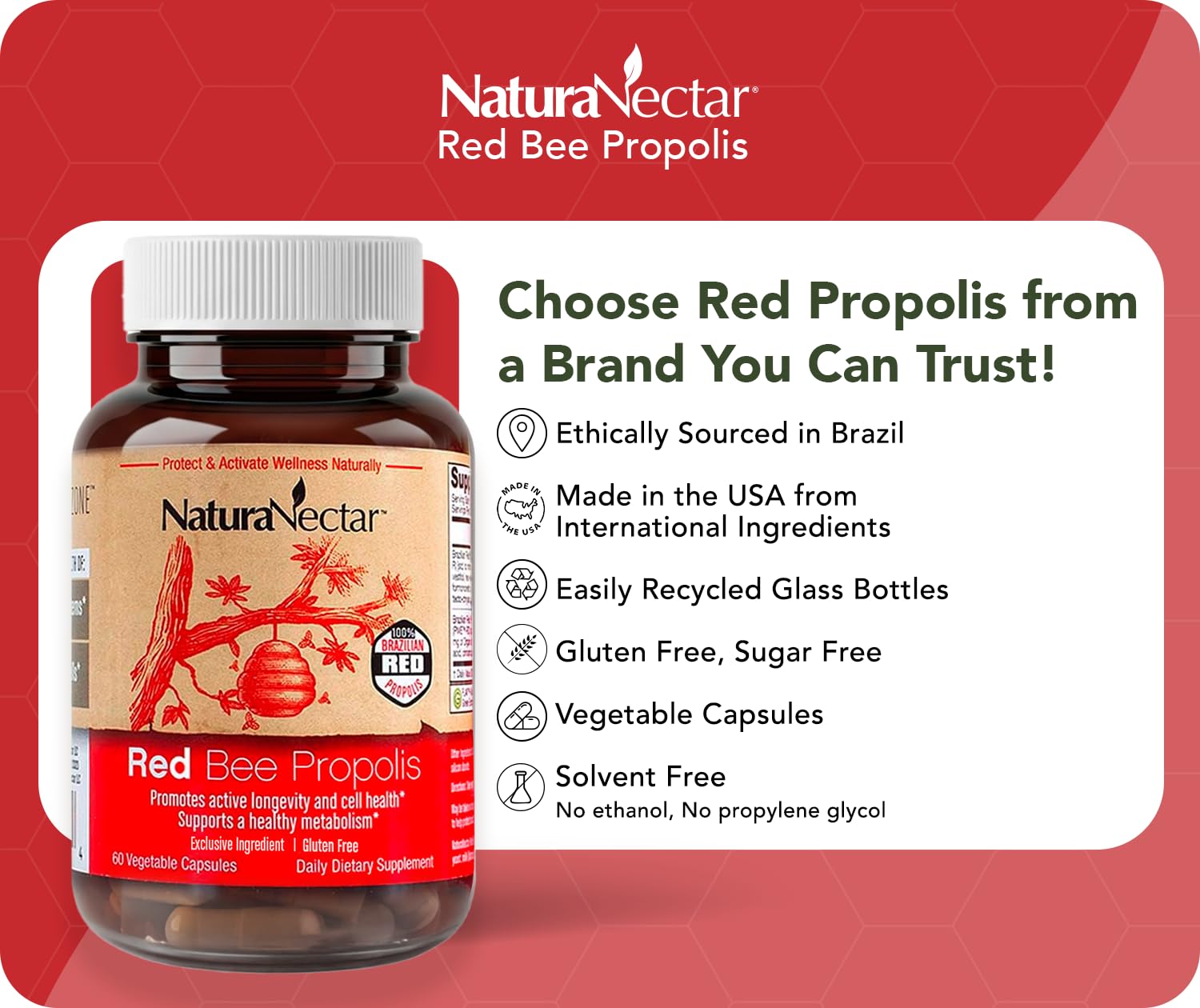 Etiqueta de NaturaNectar Propolis Rojo, muestra calidad y pureza.