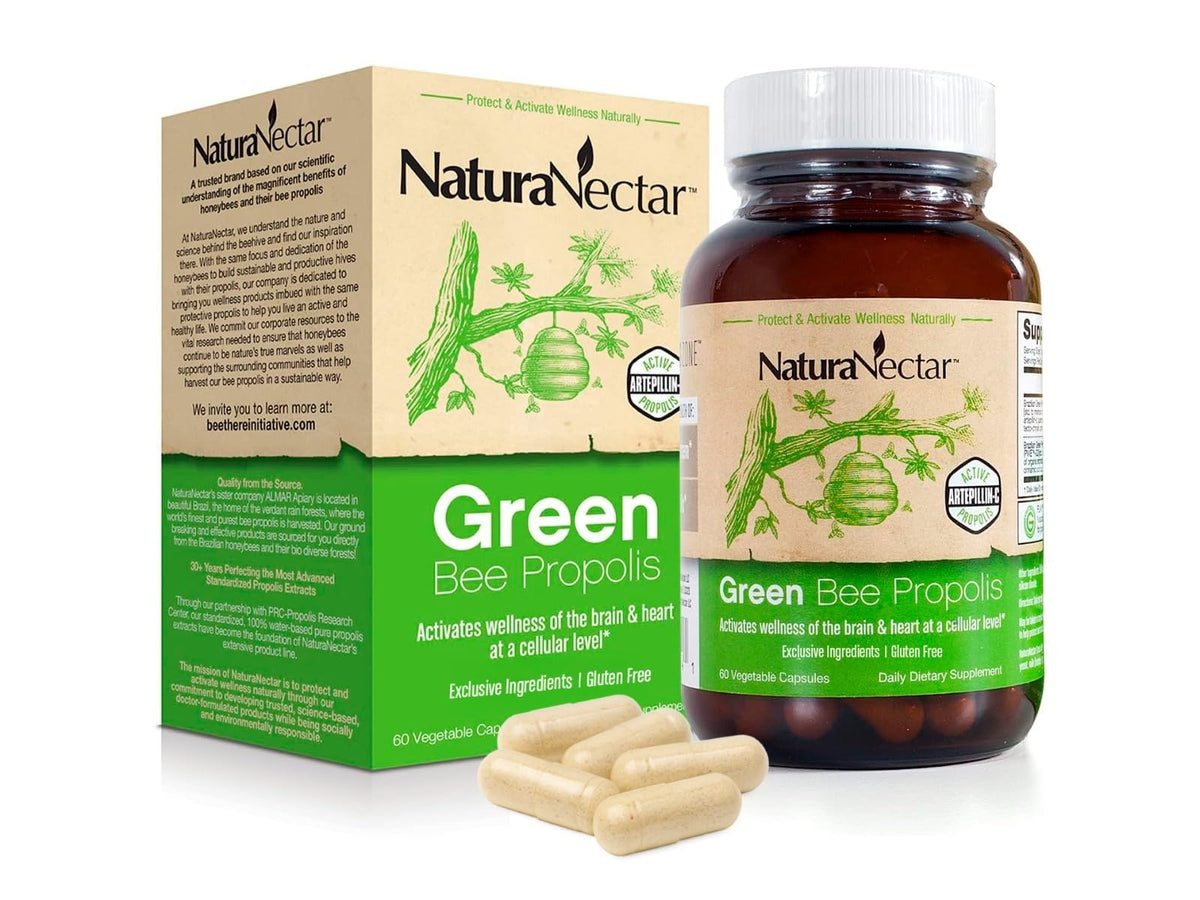 NaturaNectar Propóleo Verde: frasco frente, apoyo potencial al bienestar general