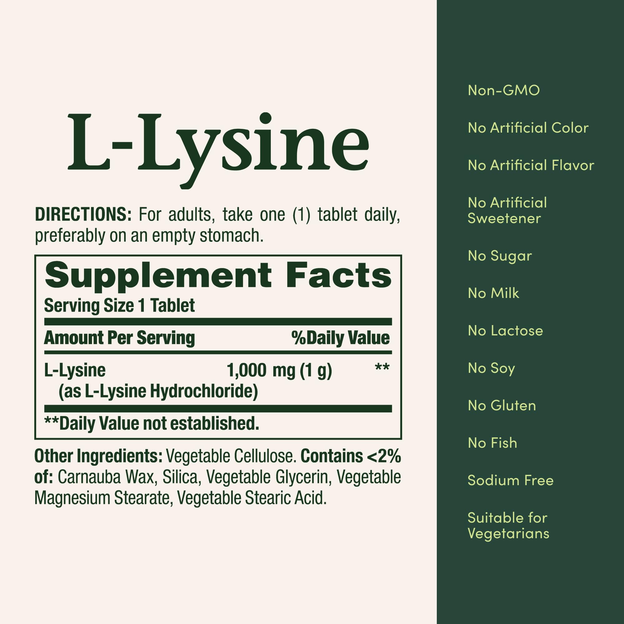 Nature's Bounty Lisina 1000 mg, dosis diaria recomendada, fácil de tomar.