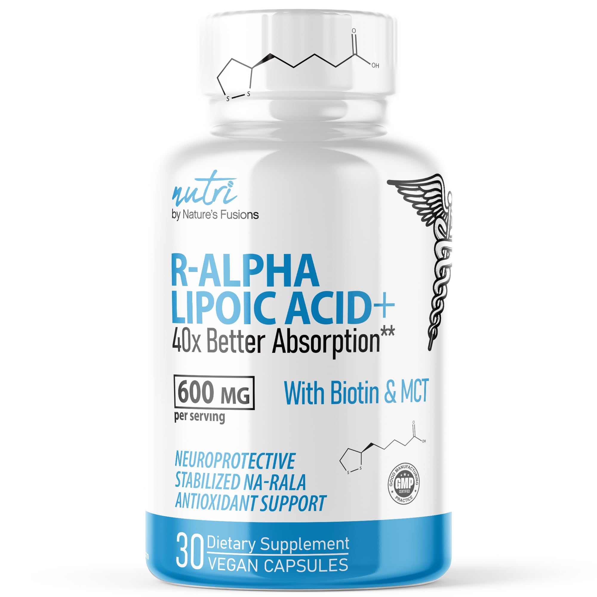 Nature's Fusions Nutri R ALA 600 mg cápsulas en botella, apoyo a la función celular