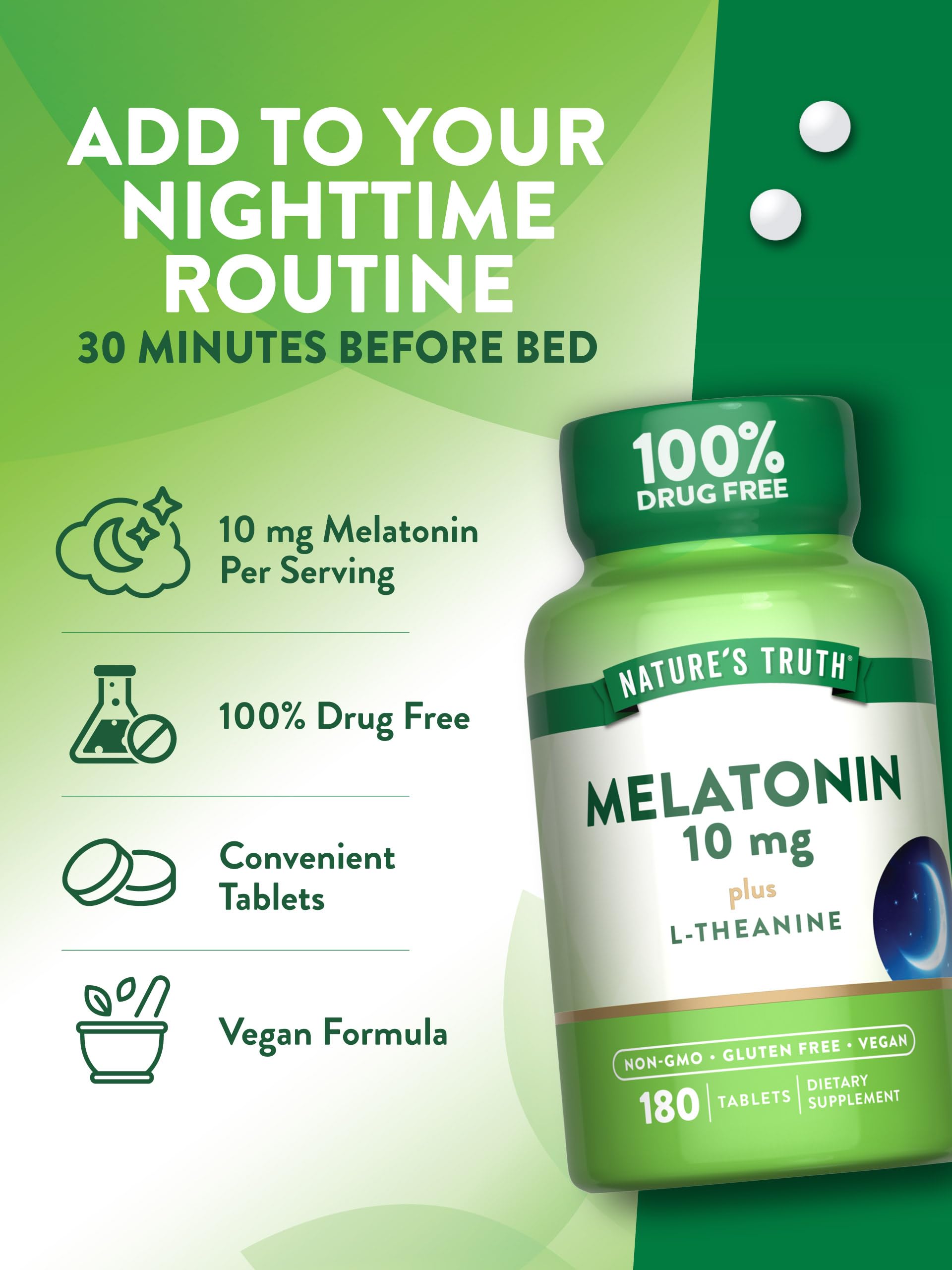 Envase vegano y sin gluten de Nature's Truth Melatonina.