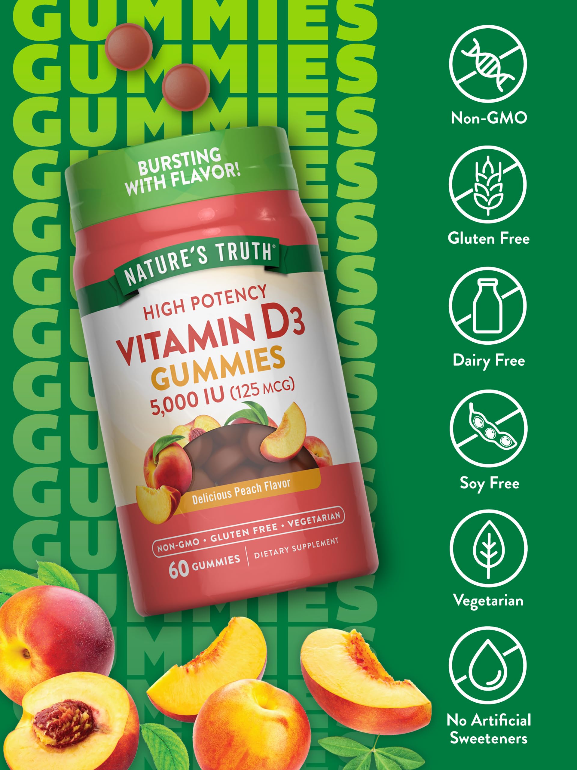 Etiqueta clara Naturas Truth D3 gomitas durazno, transparencia en calidad y ingredientes
