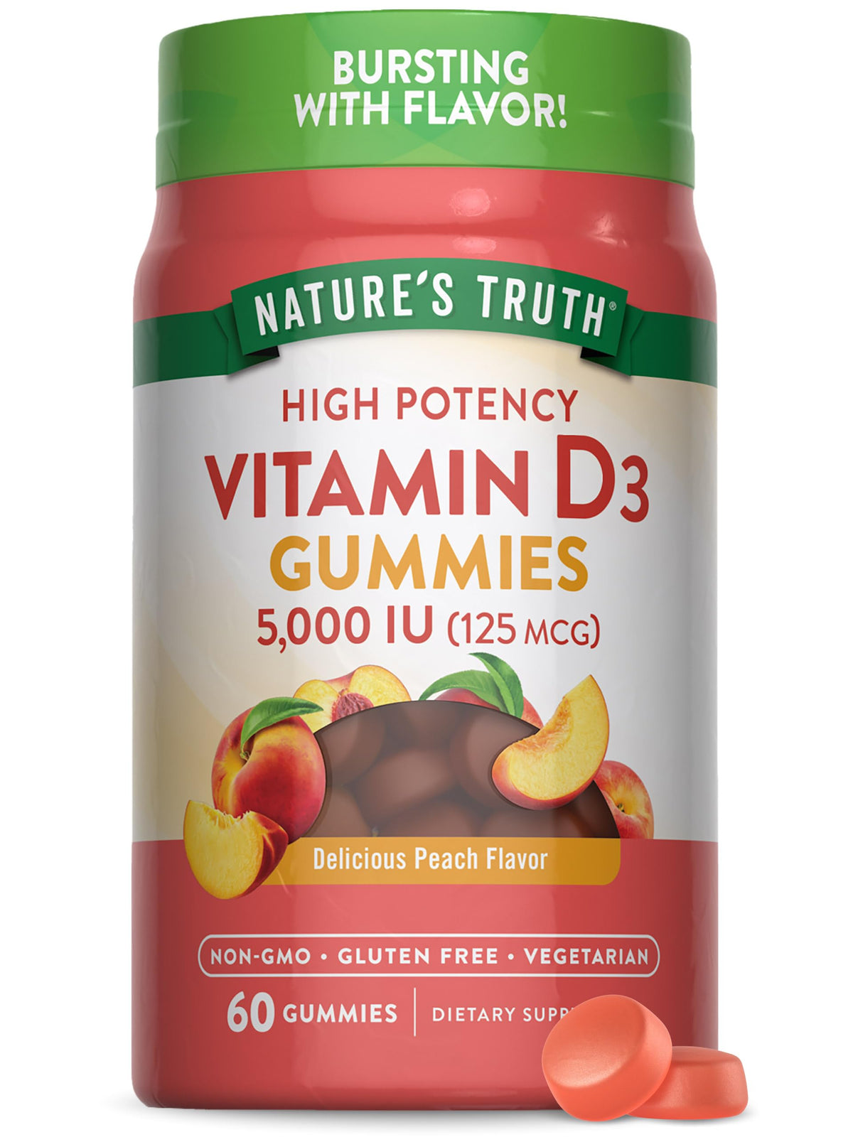 Gomitas D3 Naturas Truth en botella de durazno, dosis diaria conveniente