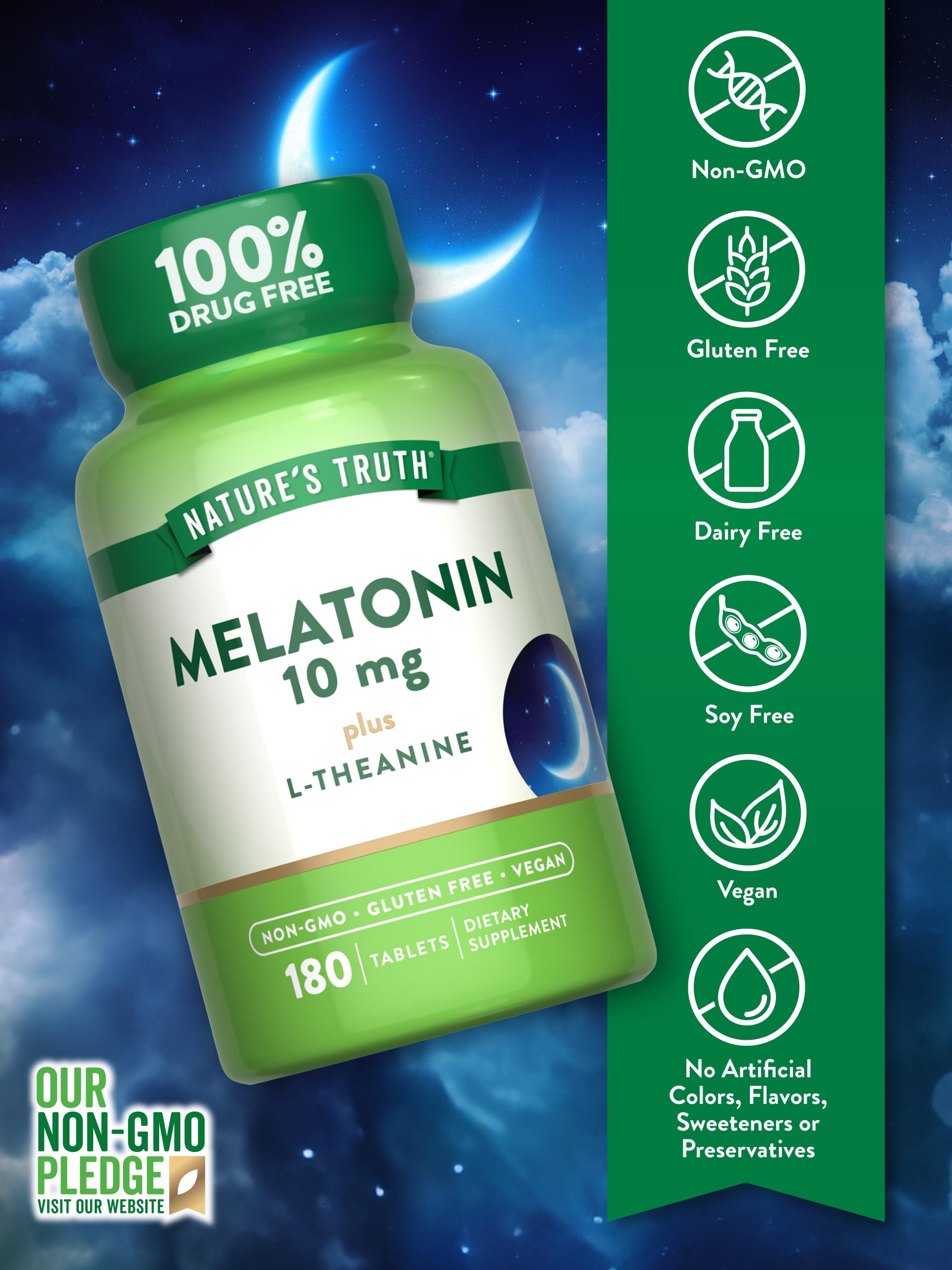 Primer plano de tabletas de melatonina Nature's Truth para sueño suave.