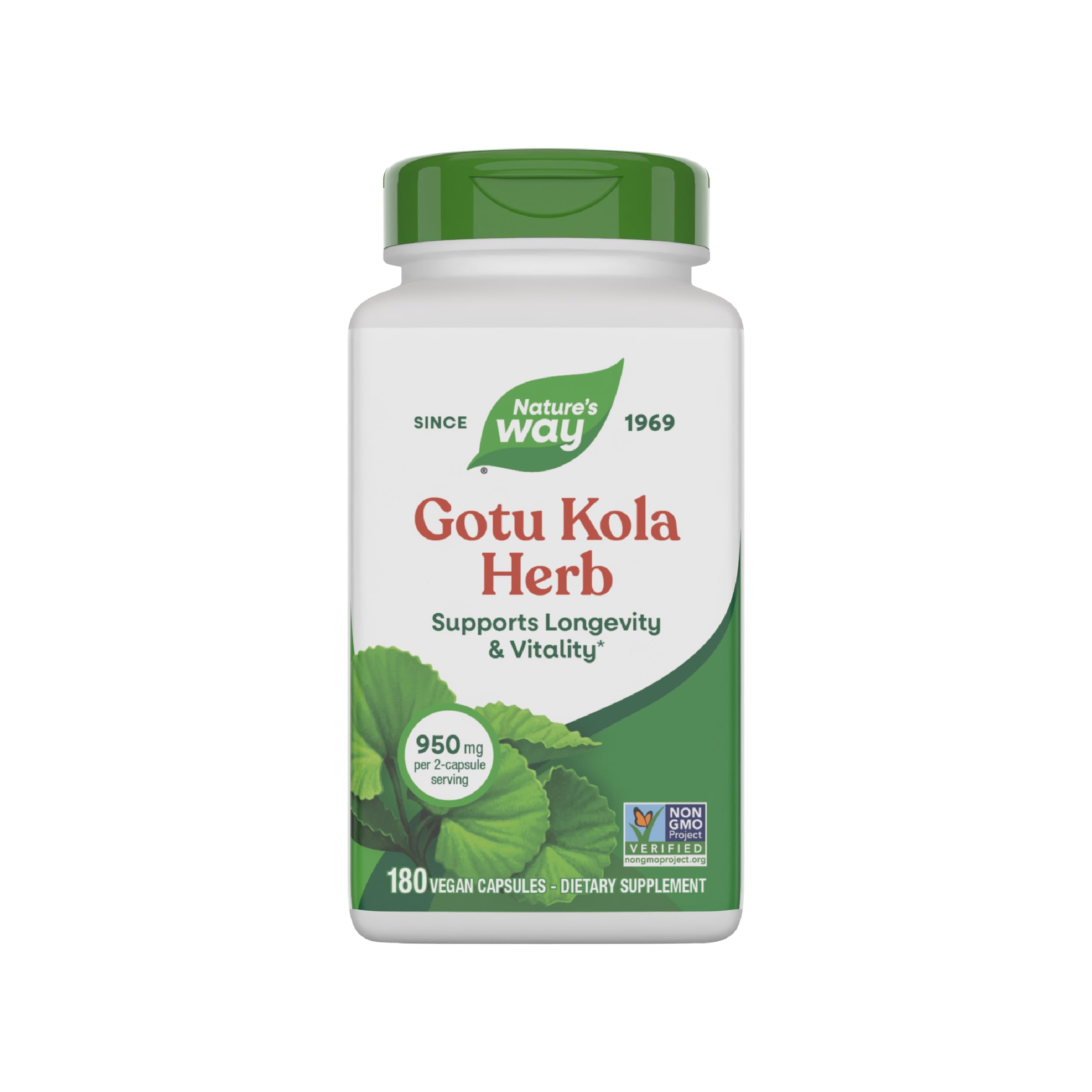Nature's Way Gotu Kola, botella frontal, apoyo a la vitalidad diaria.