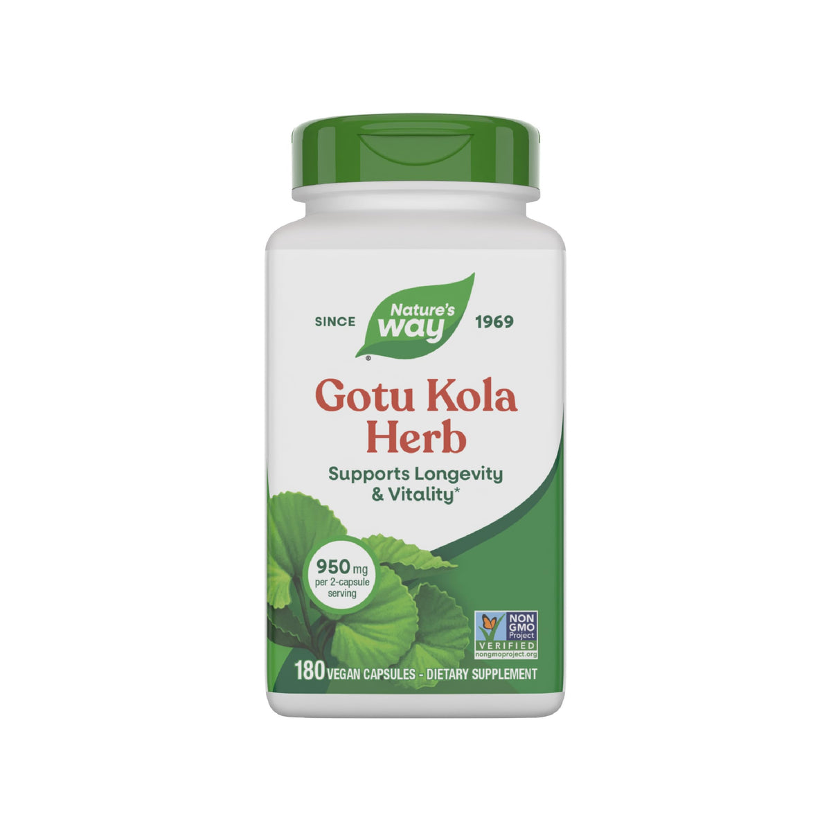 Nature's Way Gotu Kola, botella frontal, apoyo a la vitalidad diaria.