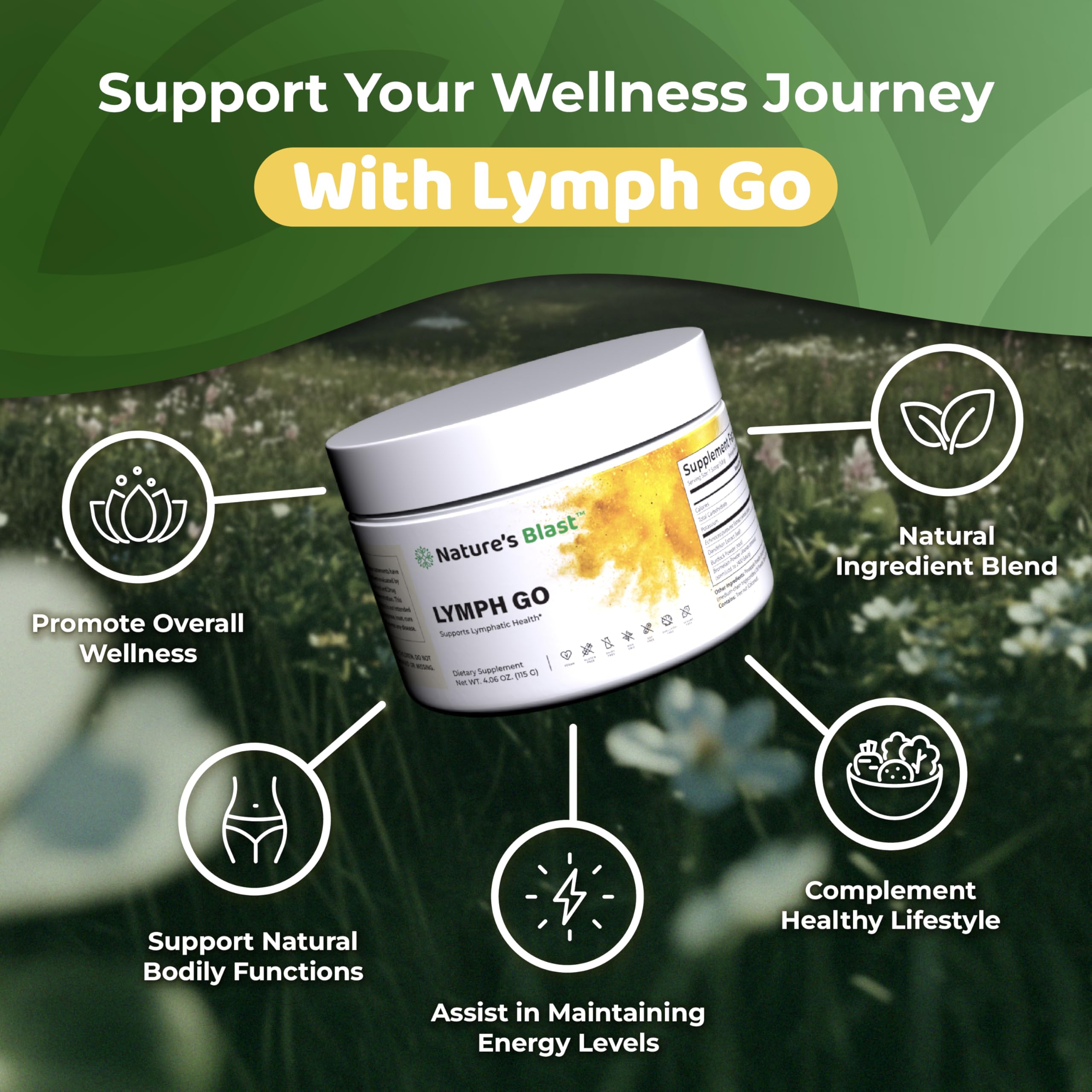 Nature's Blast Lymph Go: etiqueta natural y fórmula herbal para uso diario.