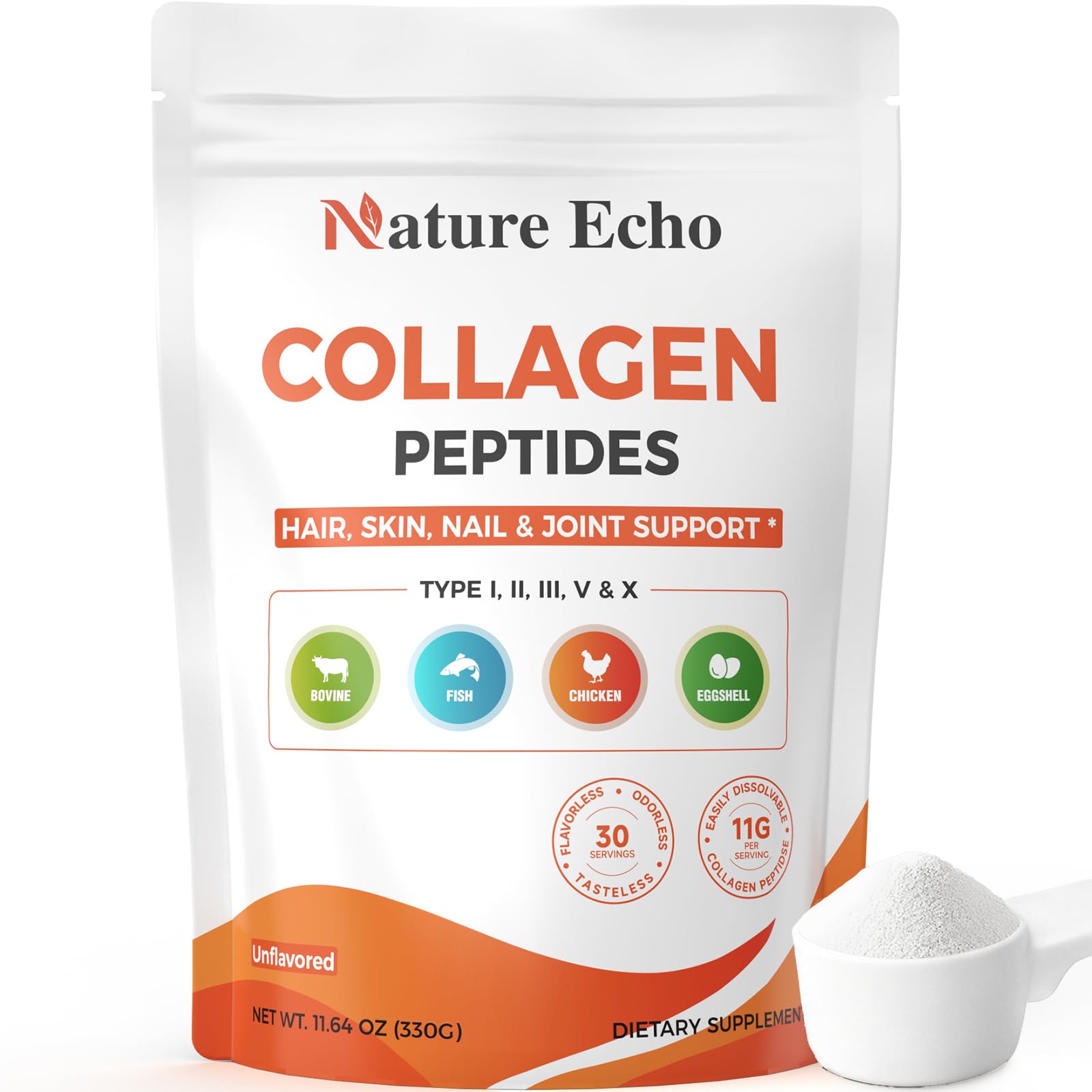 Nature Echo Colágeno multicollagen polvo envase: soporte para cabello, piel y uñas.