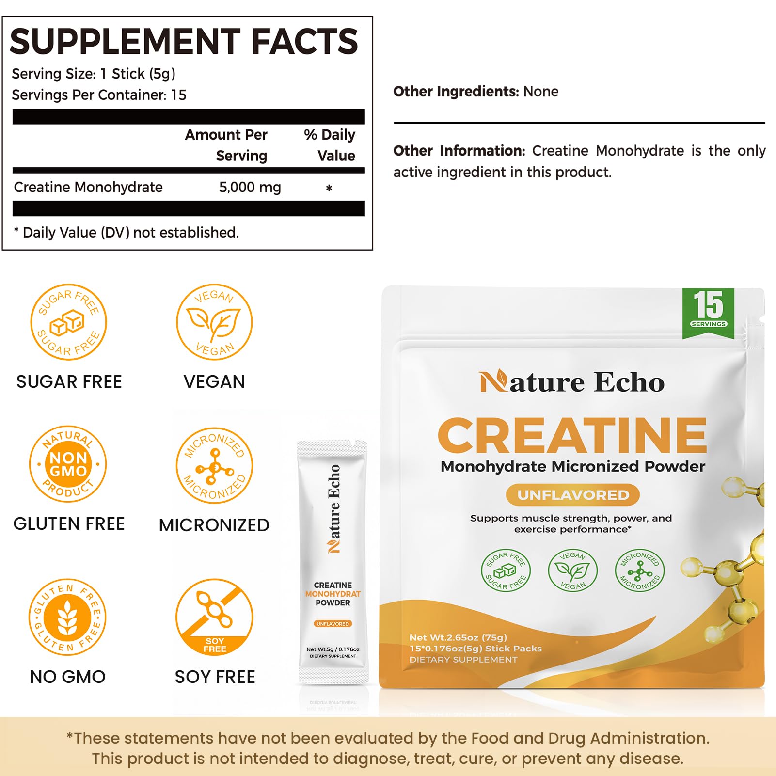 Nature Echo Creatina sabor neutro, ideal para mezclar con cualquier bebida.