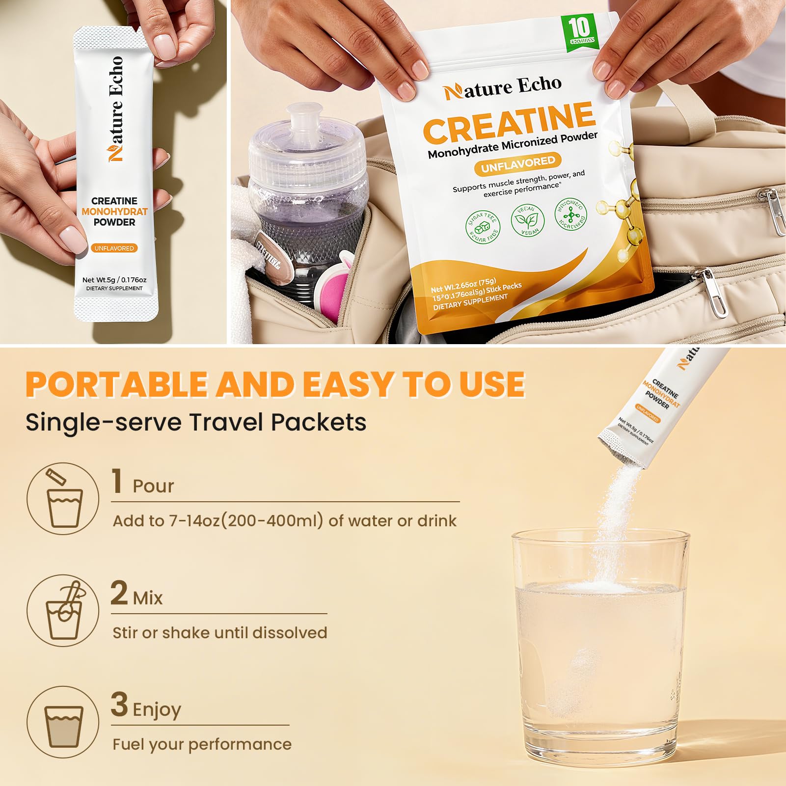 Nature Echo Creatina micronizada se disuelve rápidamente en bebidas.