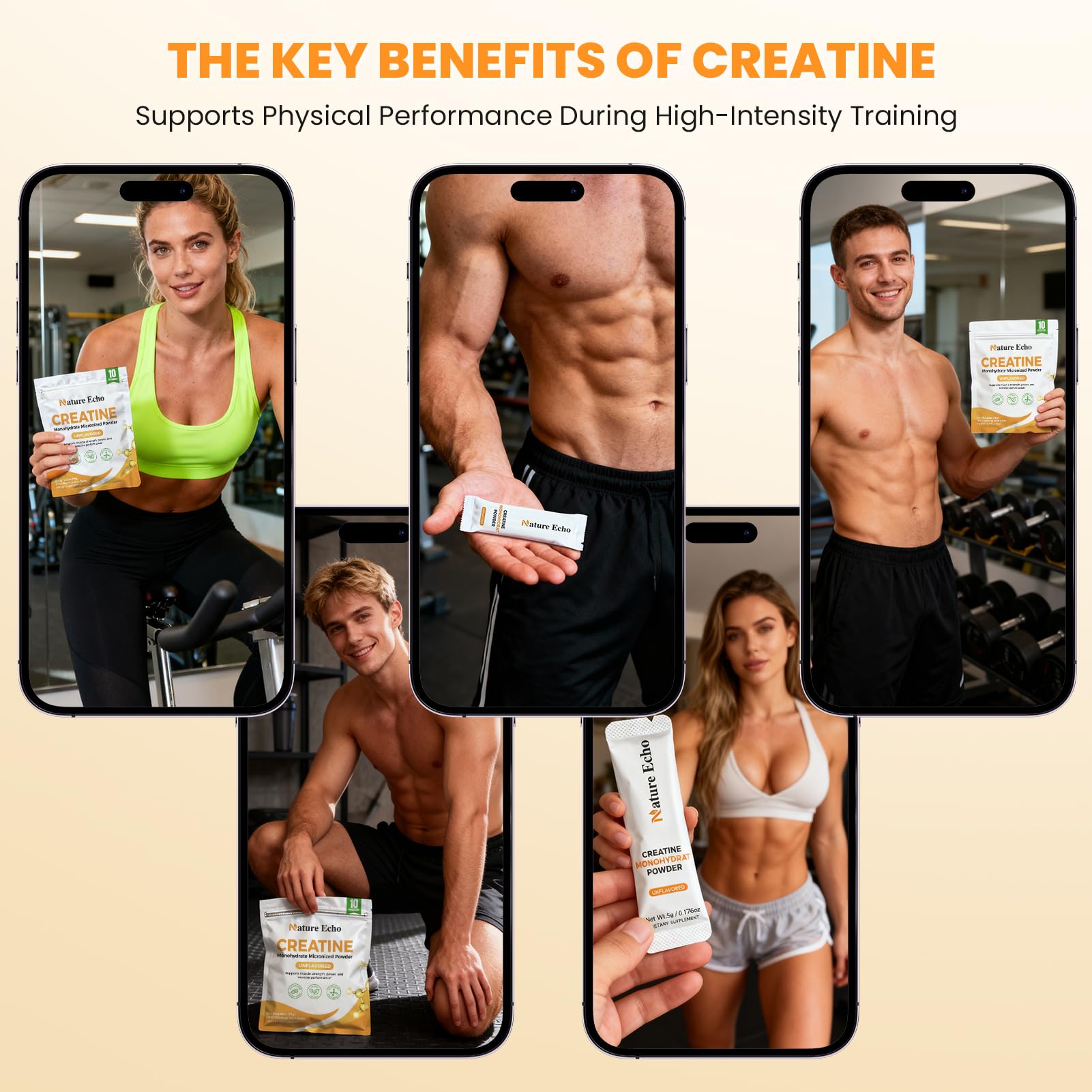 Nature Echo creatina para uso diario en entrenamientos para hombres y mujeres.