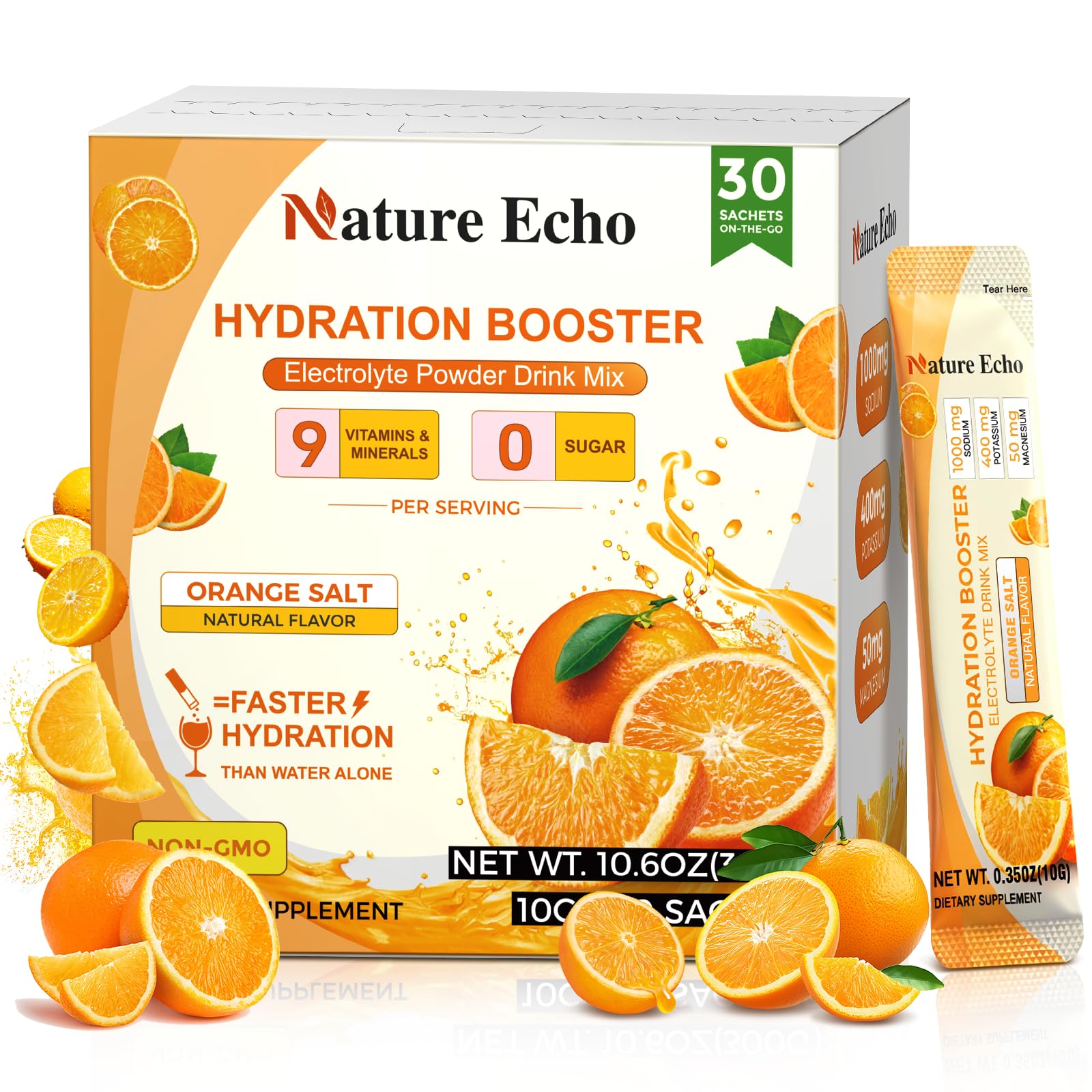 Nature Echo, paquetes electrolitos naranja 1000mg para hidratación rápida durante entrenos.