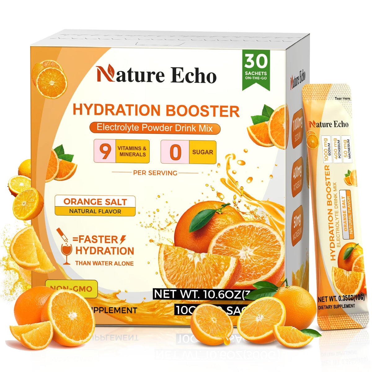 Nature Echo, paquetes electrolitos naranja 1000mg para hidratación rápida durante entrenos.