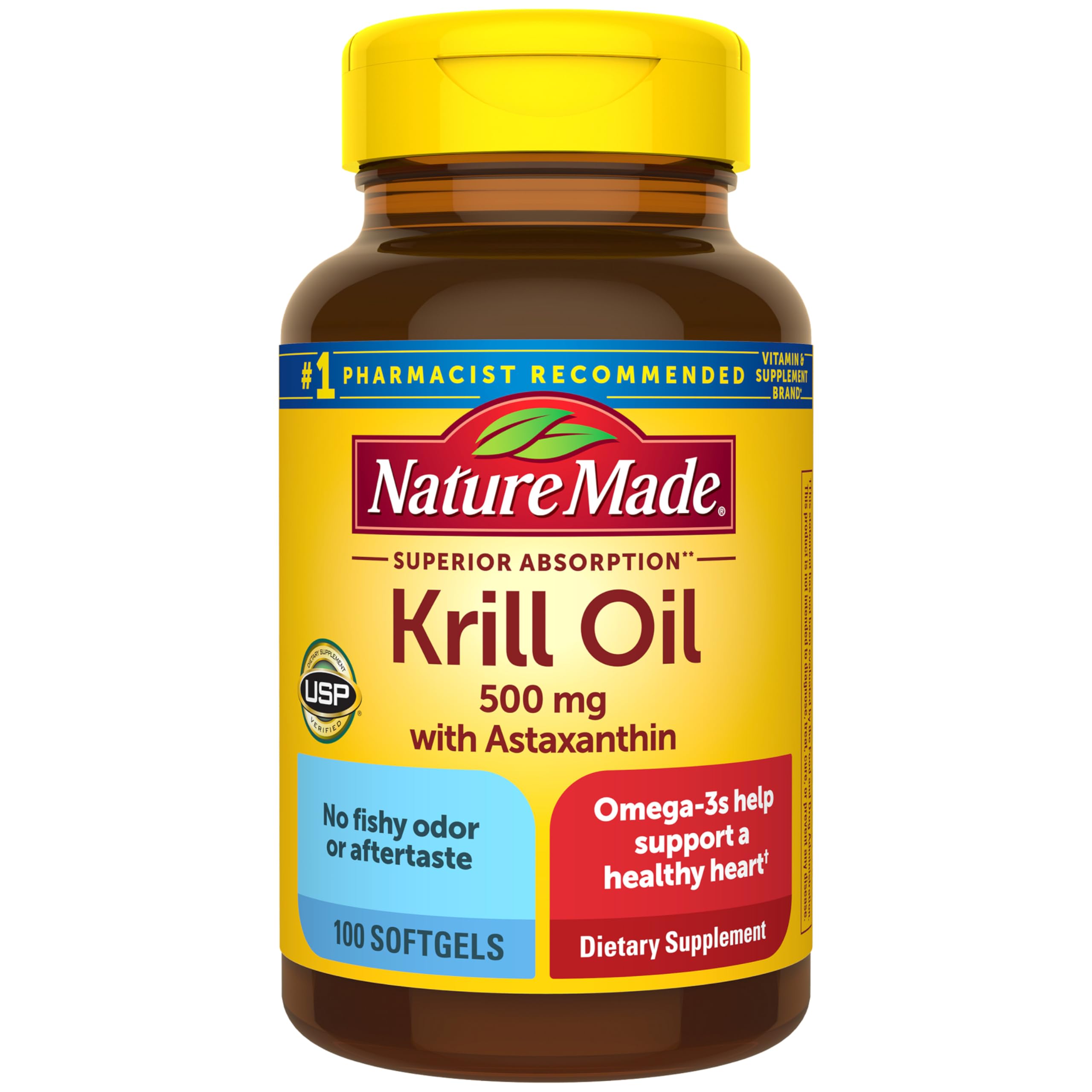 Nature Made Aceite de Krill 500 mg con Astaxantina, frontal de la botella, para apoyo cardíaco.