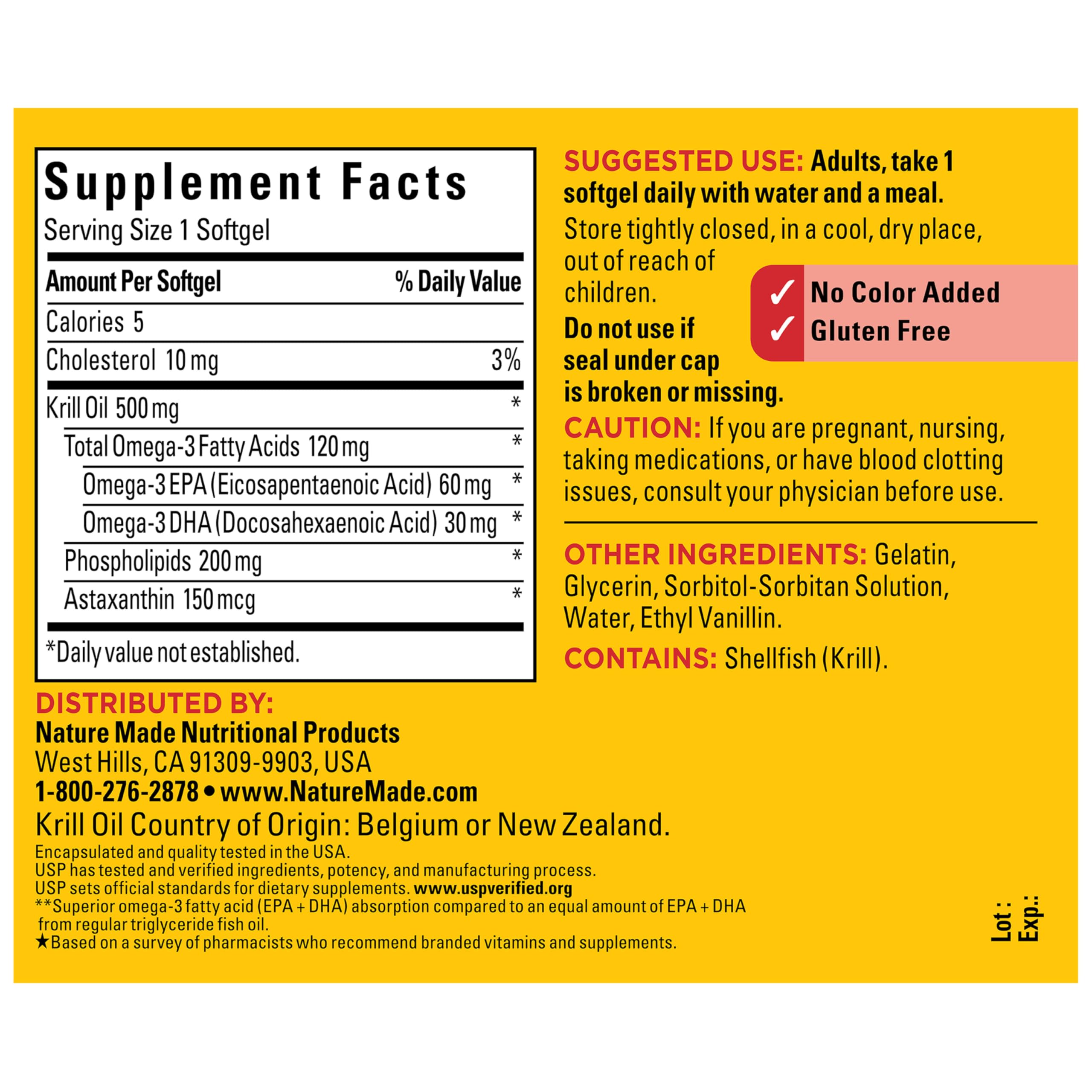 Nature Made Aceite de Krill 500 mg, libre de gluten, fácil de integrar en la rutina diaria.