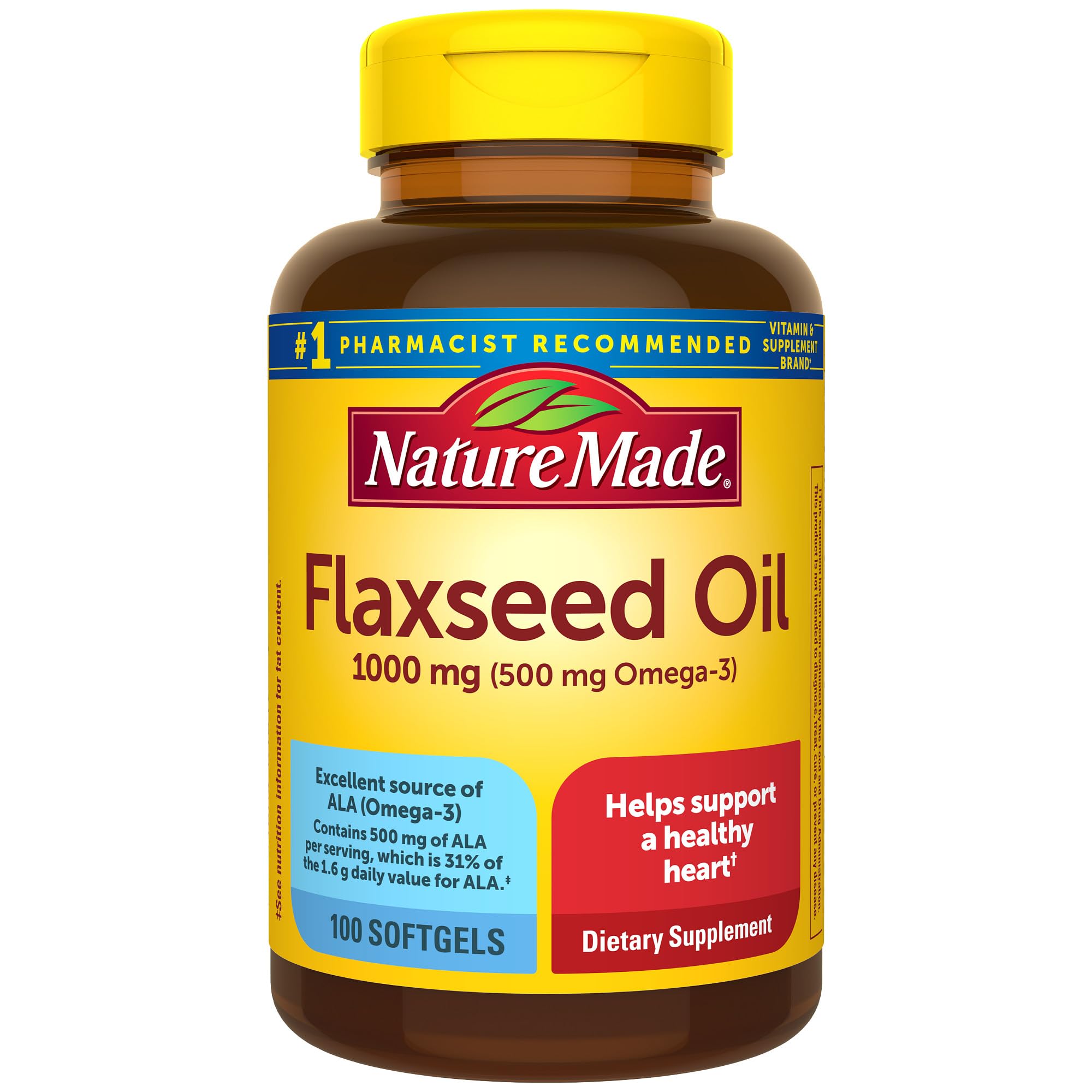Nature Made aceite de linaza 1000 mg en botella, fuente de ALA para la dieta diaria.