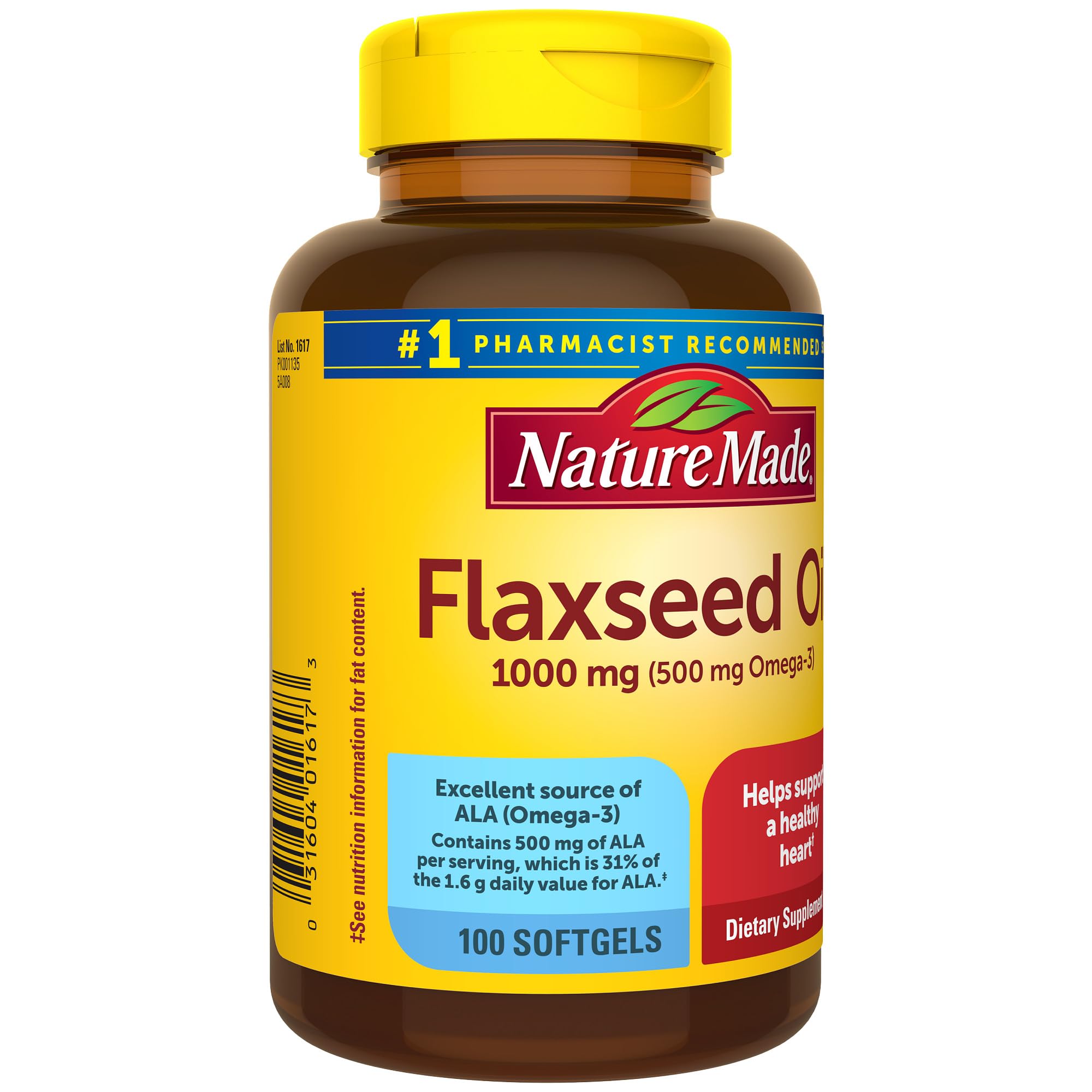 Nature Made Aceite de linaza 1000 mg etiqueta nutricional clara para planificar ingestas.