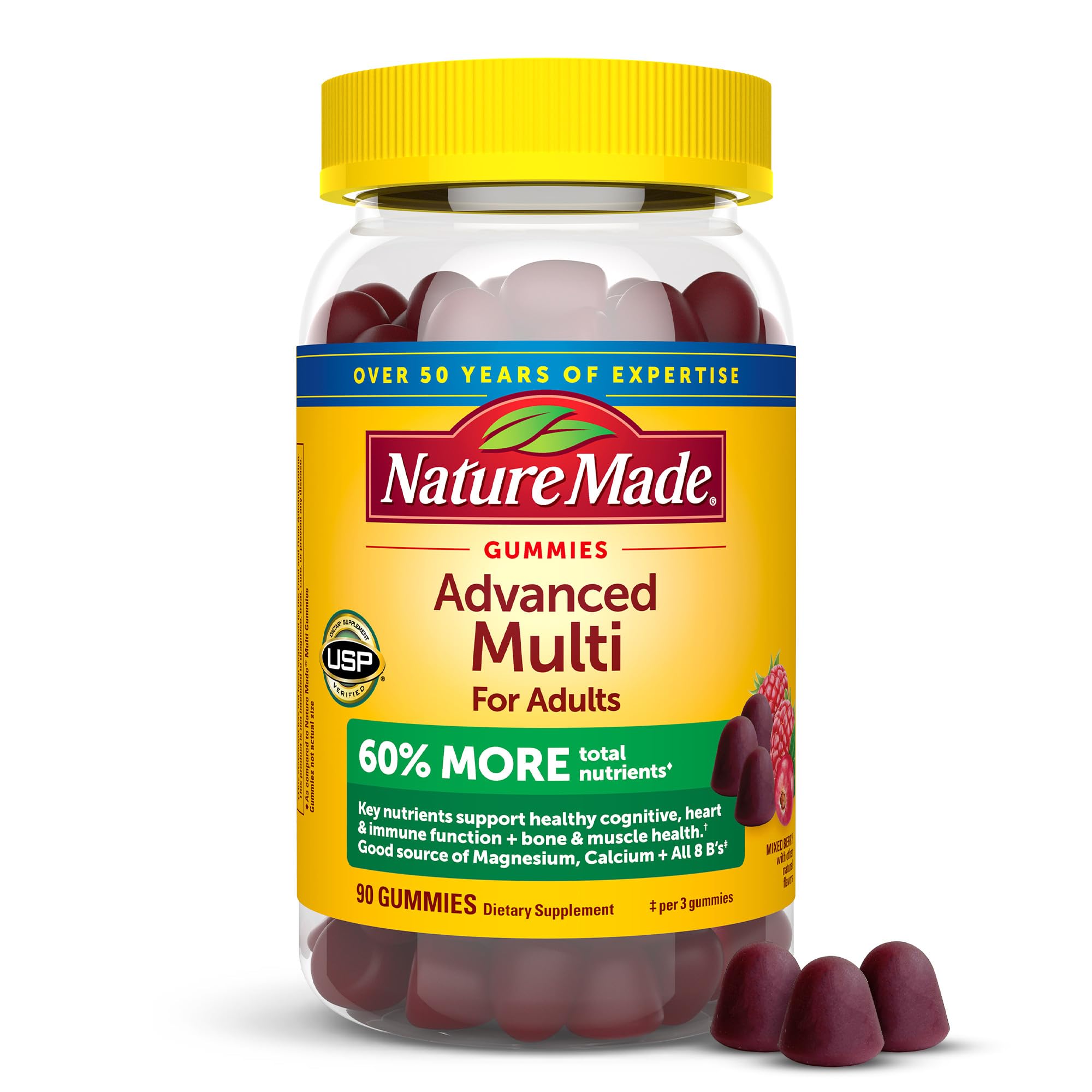 Nature Made Advanced Multivitamin Gummies en botella, apoyo diario de energía para adultos.