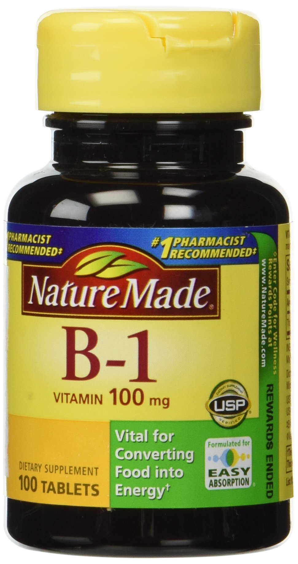 Nature Made B-1 100 mg tabletas en botella, apoyo a la energía diaria.