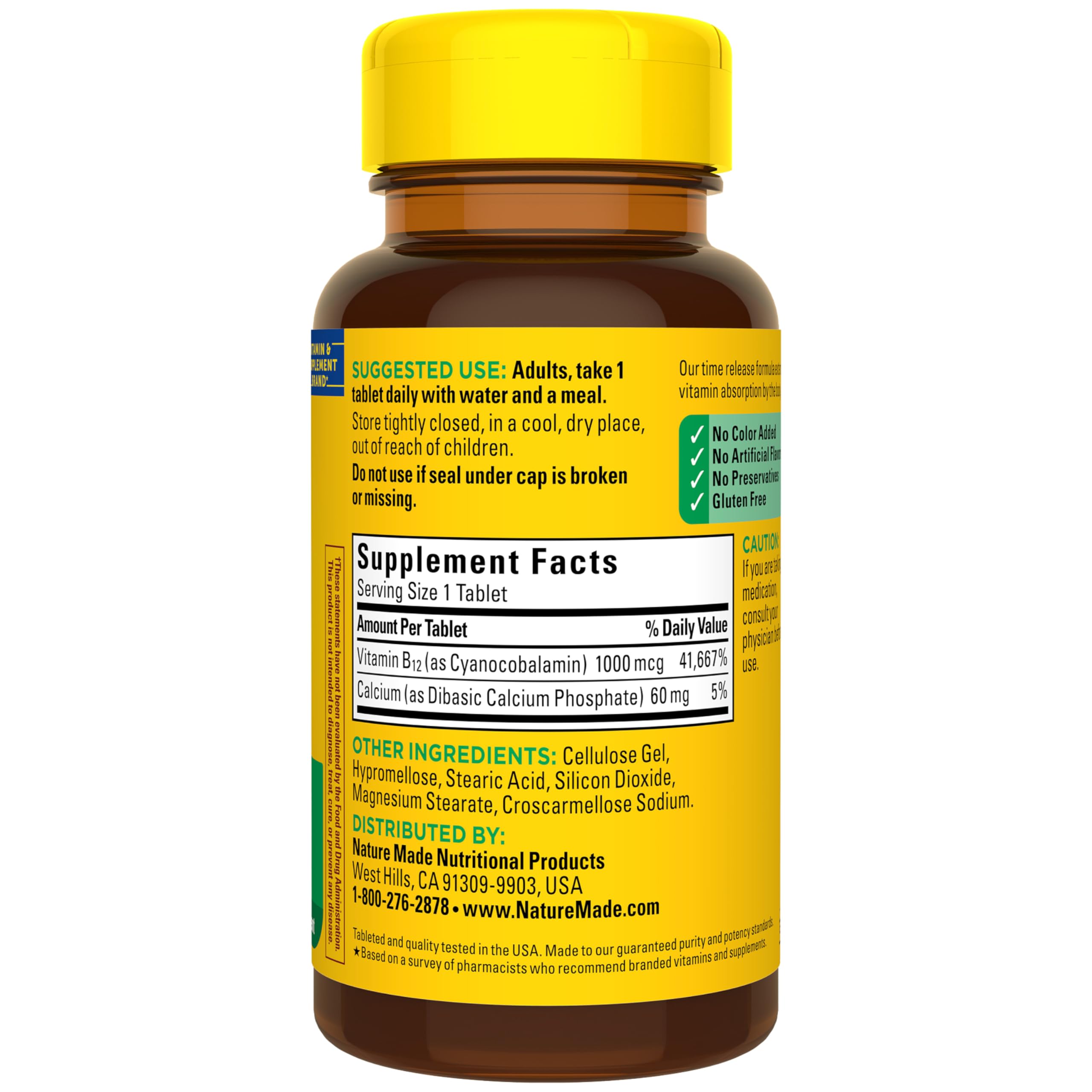 Nature Made B12 1000 mcg, presentación sin gluten y sin conservantes.