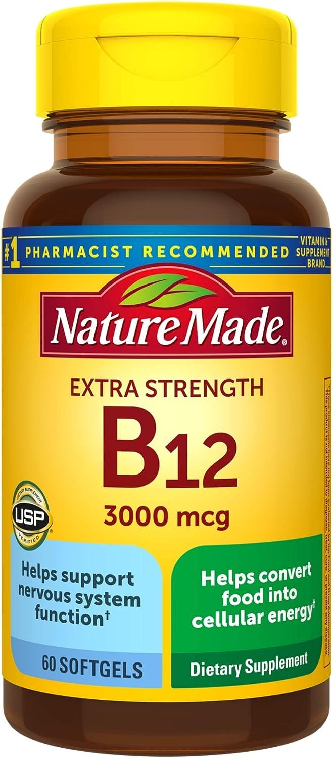 Nature Made B12 3000 mcg en cápsulas suaves, posible apoyo al metabolismo y sistema nervioso.