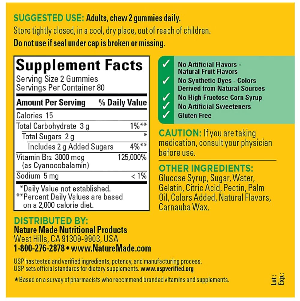 Nature Made B12 Gummies frasco con etiqueta visible y 160 gomitas para consumo diario.
