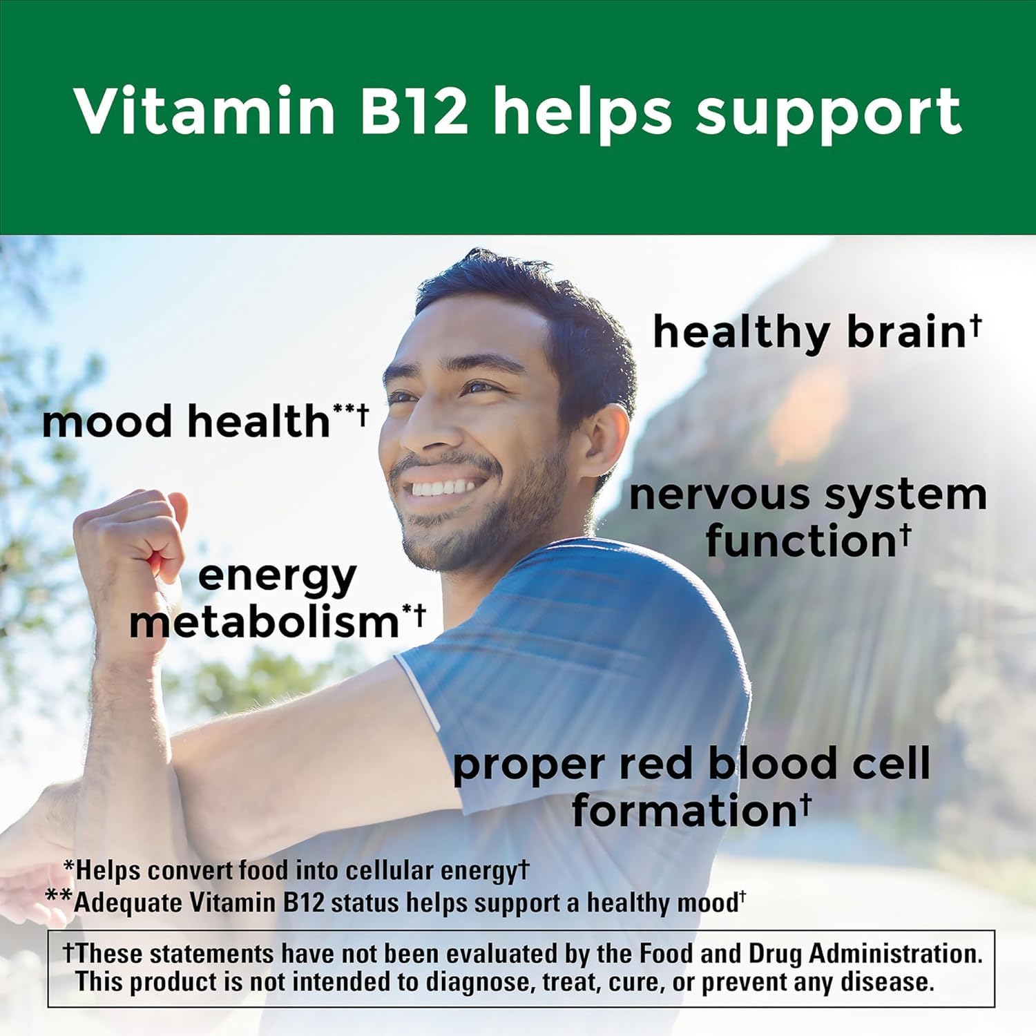 Pastilla sublingual de Nature Made B12 colocada bajo la lengua para disolución rápida
