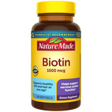 Nature Made Biotina 1000 mcg cápsulas blandas frente a la botella, apoyo para cabello y piel.
