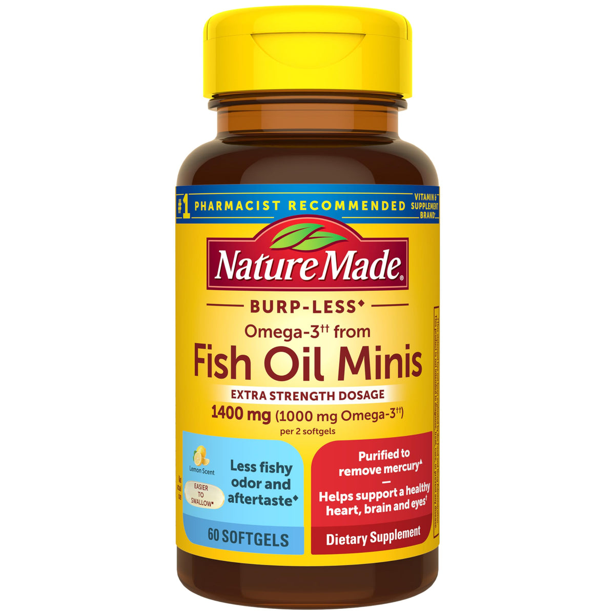 Nature Made omega-3 sin eructos, botella visible, dosis diaria rápida.