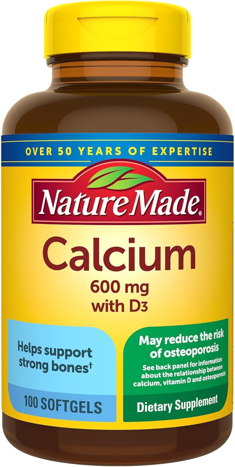 Nature Made calcio 600 mg con vitamina D, botella 2-pack, apoyo a la salud ósea diaria.