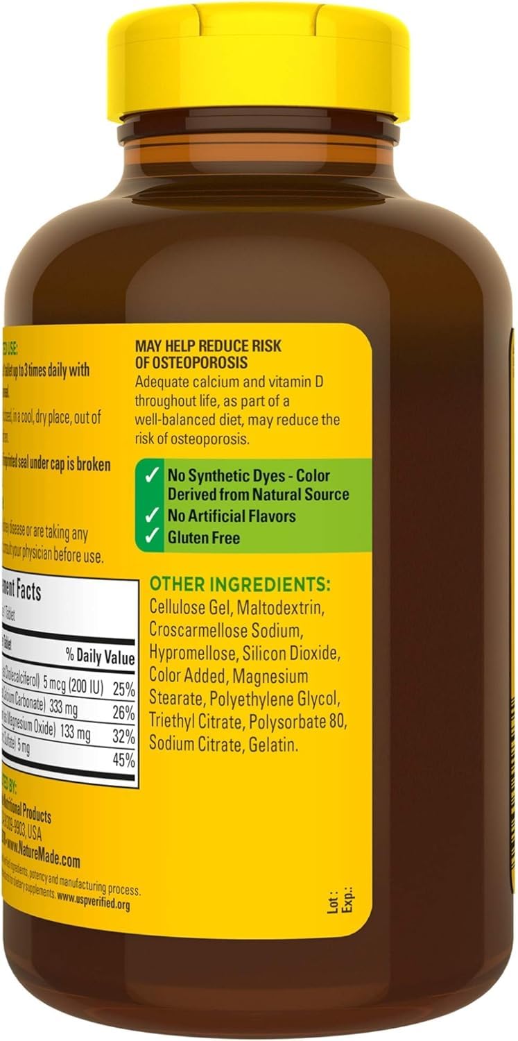 Nature Made calcio-magnesio-zinc con vitamina D, dosis diaria establecida para consumo.