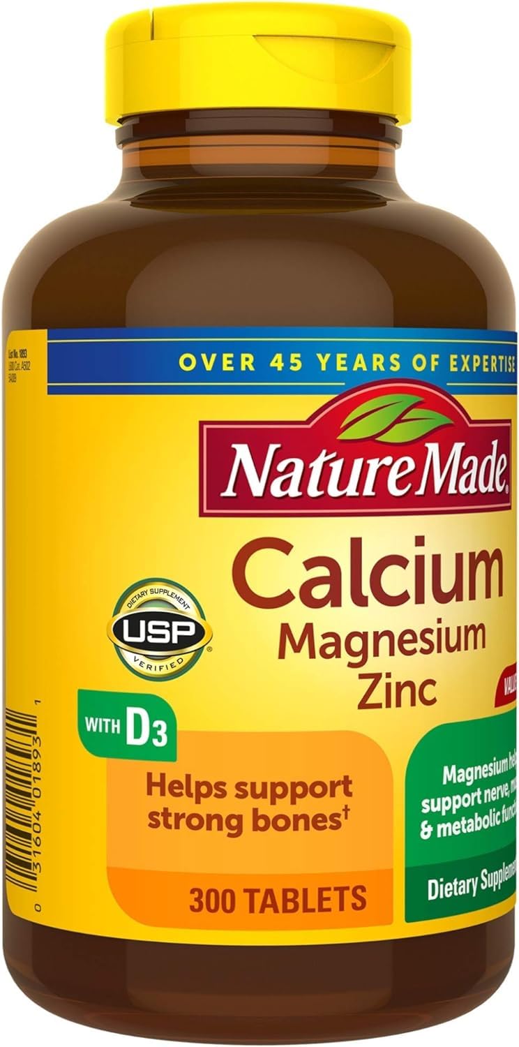 Nature Made calcio-magnesio-zinc con vitamina D, etiqueta clara para referencia de dosis.