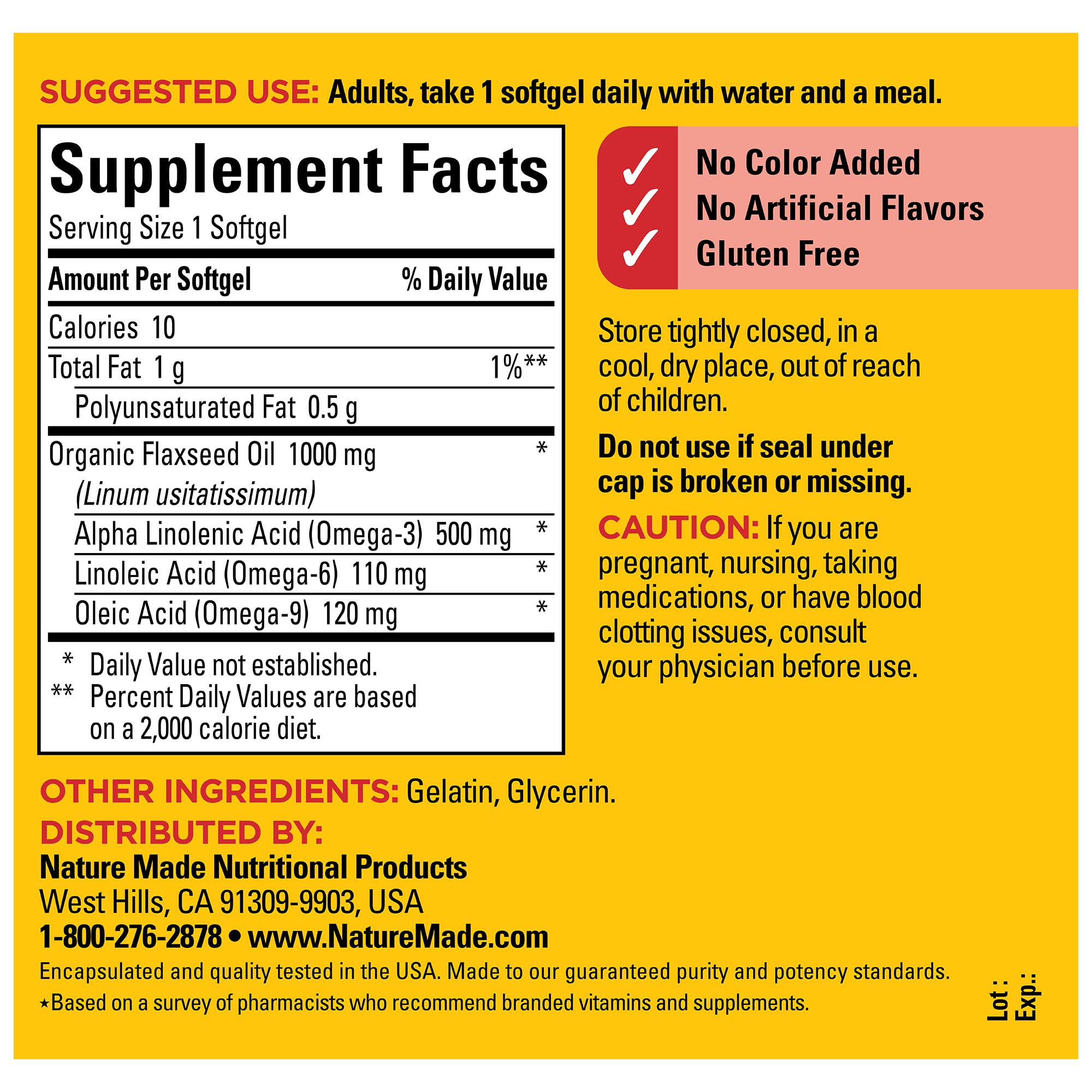 Nature Made Aceite de linaza 1000 mg consumo diario recomendado para adultos.