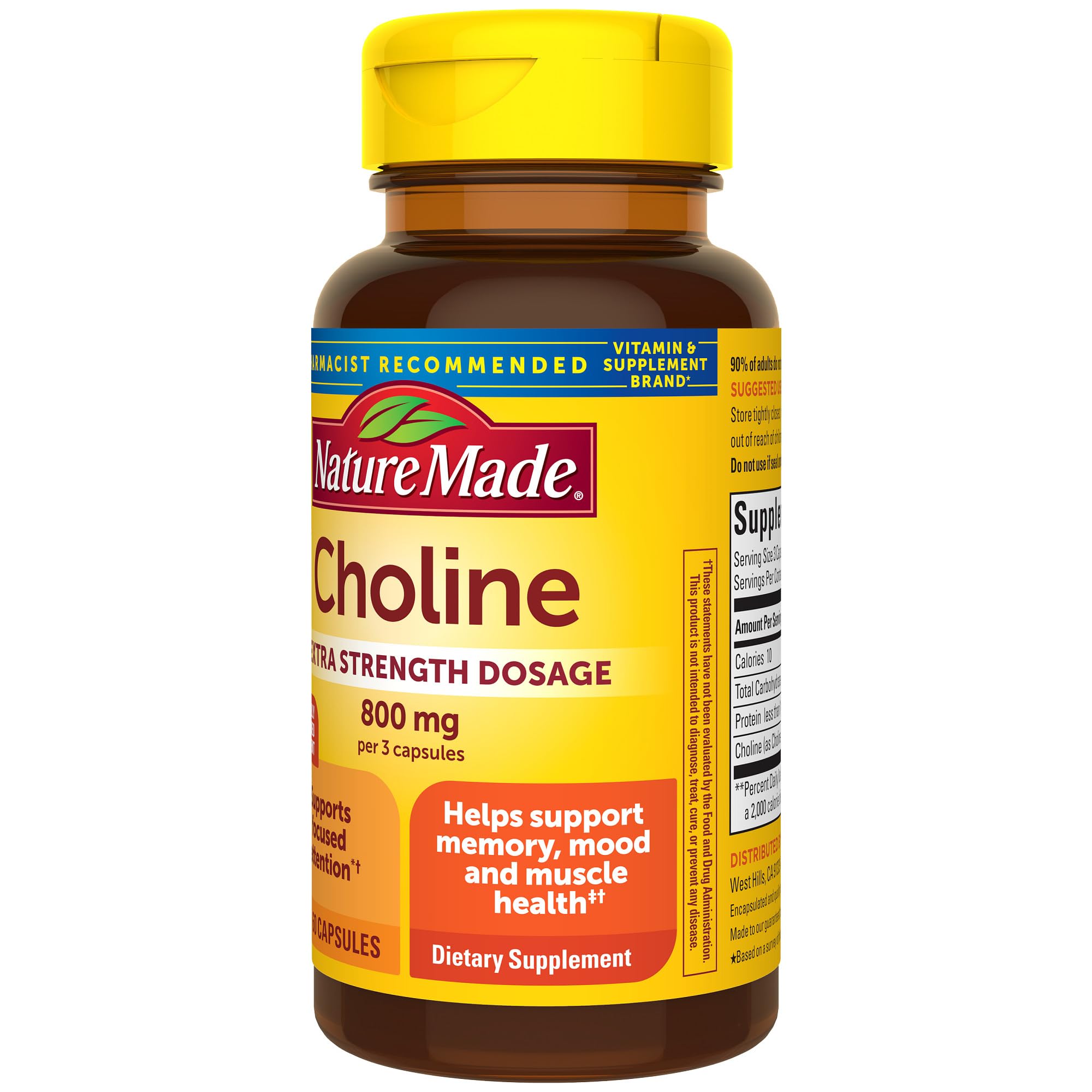 Nature Made Choline 800 mg capsulas ordenadas, facil conteo de dosis diarias