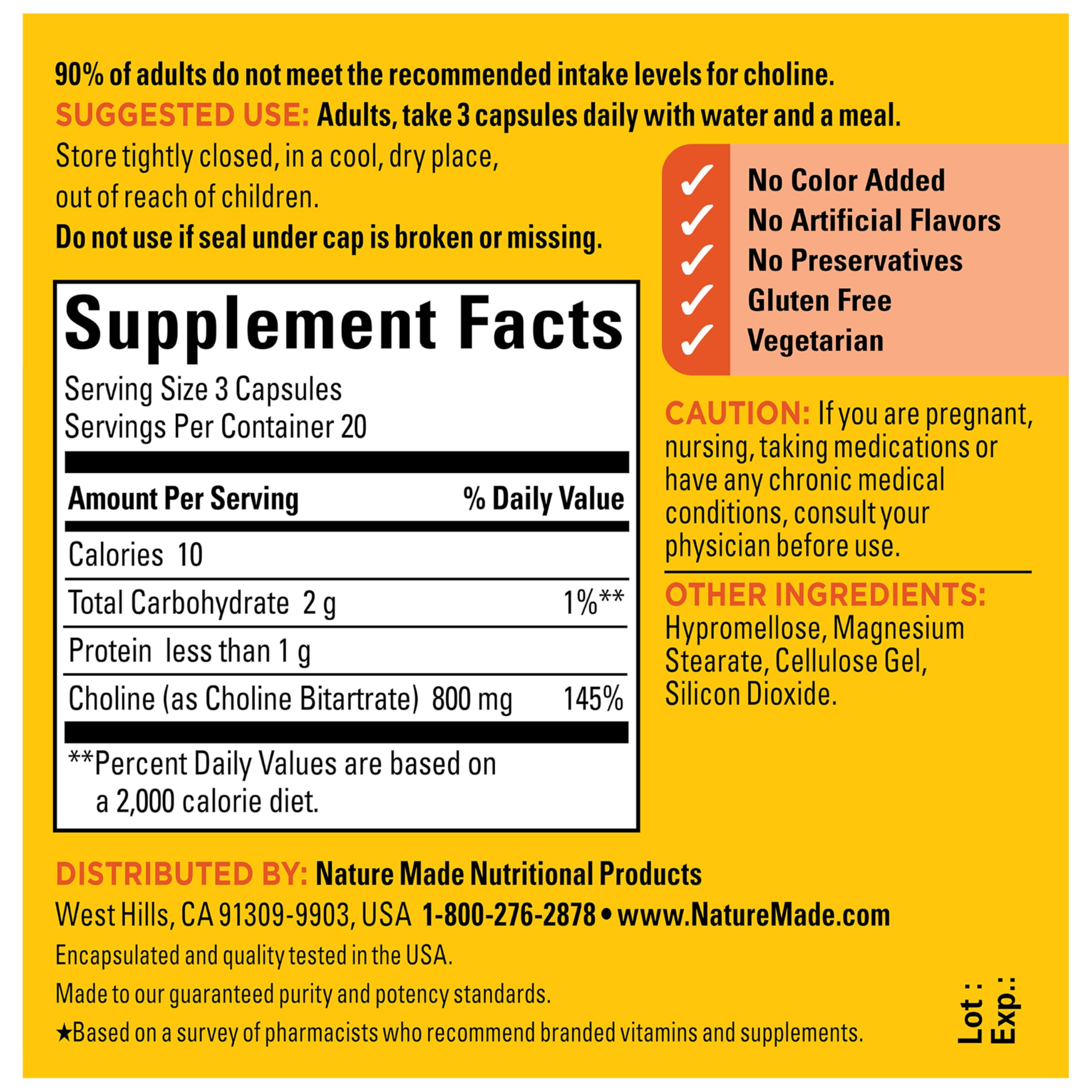 Nature Made Choline 800 mg etiqueta lateral, señalando la informacion de uso