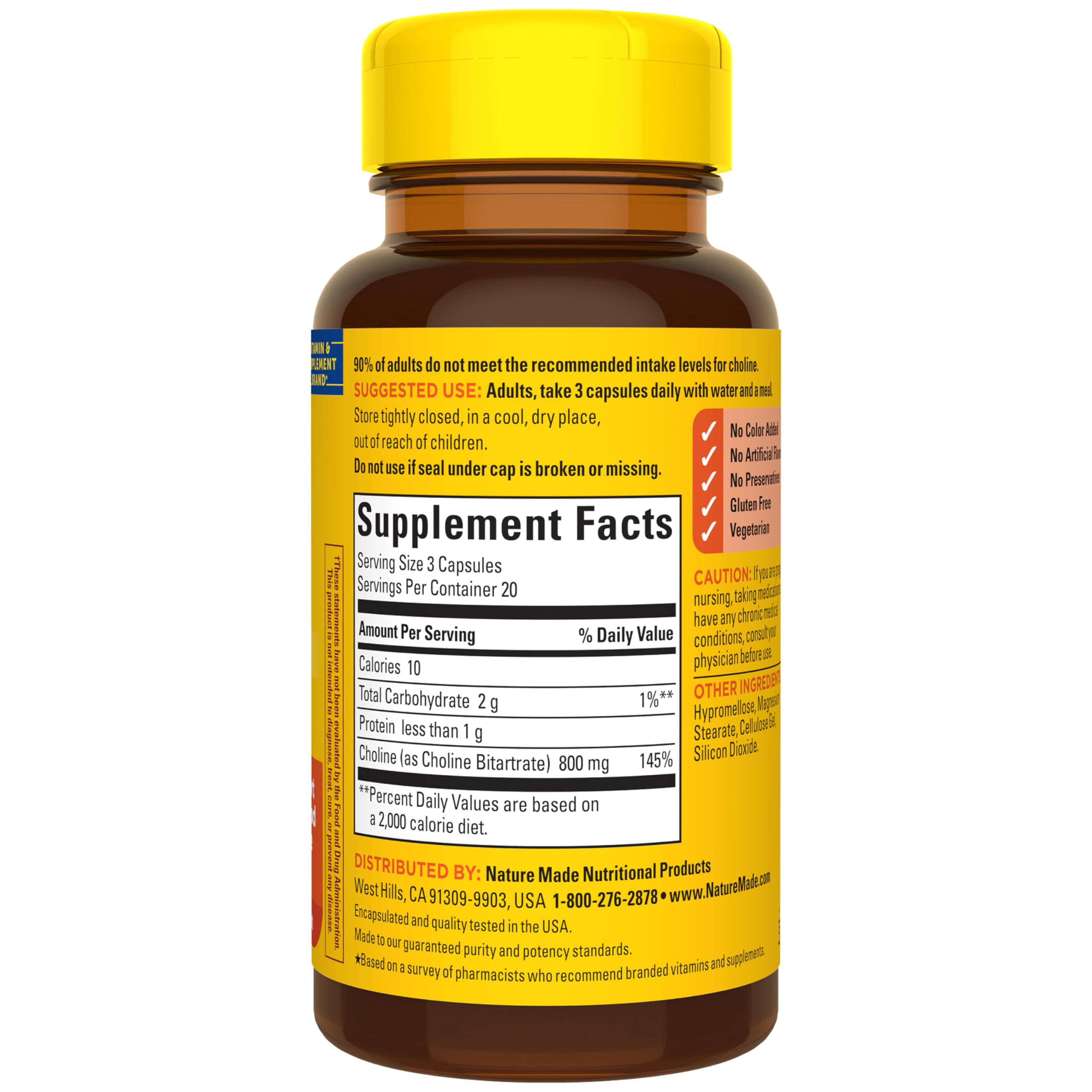 Nature Made Choline 800 mg frasco cerrado, asegura calidad y frescura