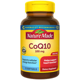 Nature Made CoQ10 100 mg: cápsulas blandas en botella para apoyar la salud cardíaca.
