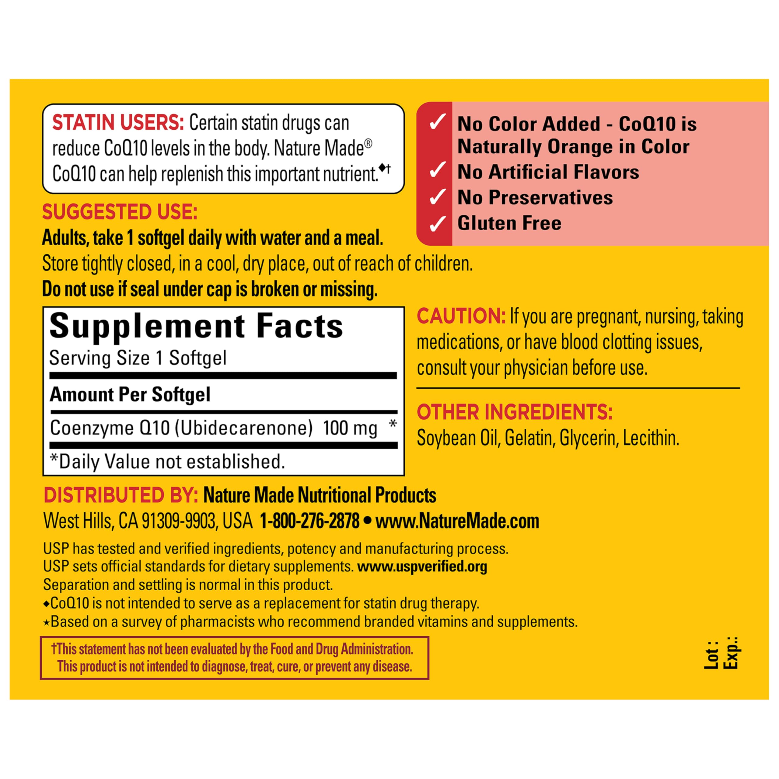 Nature Made CoQ10 100 mg: uso diario recomendado para adultos.