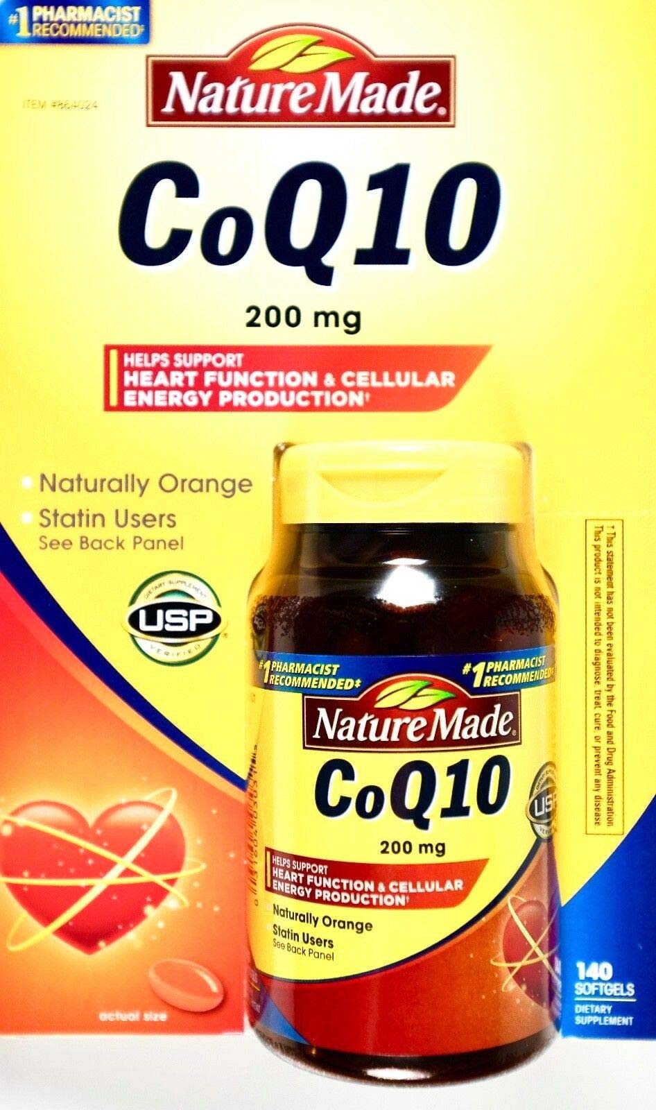 Nature Made CoQ10 200 mg, botella frontal, color naranja natural, energía diaria posible