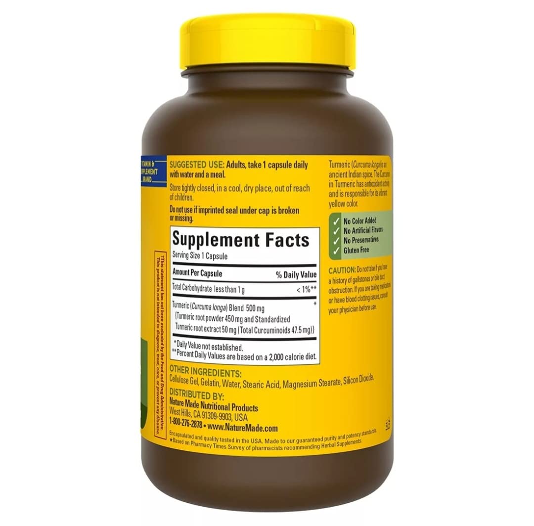 Nature Made Curcumina 500 mg cápsulas, detalle cercano, apoyo antioxidante para tu día a día.