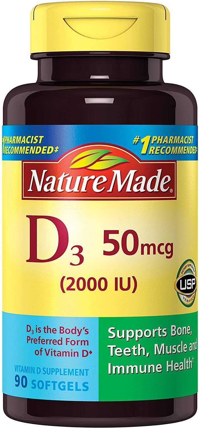 Nature Made D3 2000 UI, botella: apoya la absorción de calcio para huesos y dientes fuertes