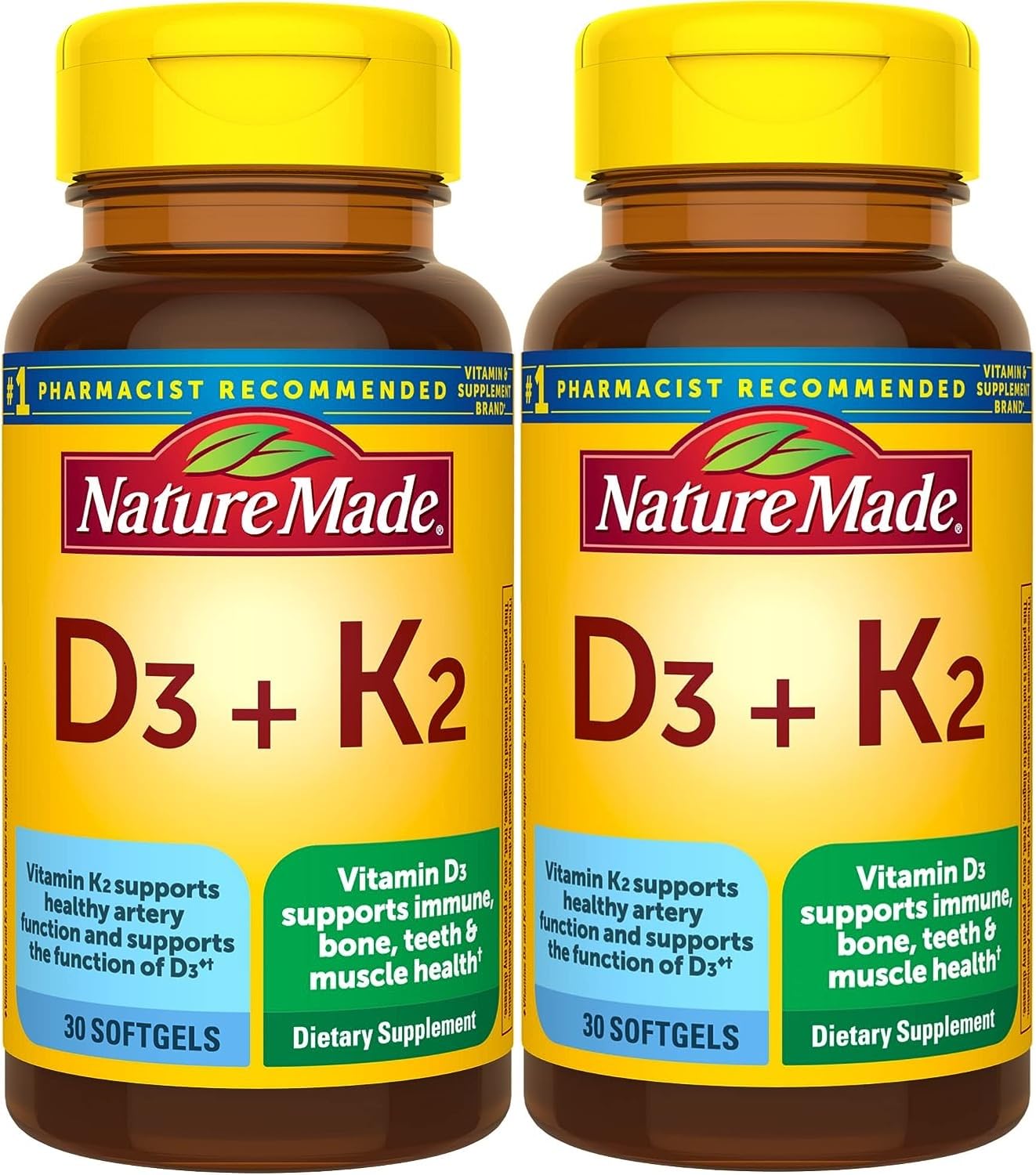 Nature Made D3 K2: botella con cápsulas para soporte inmunológico y huesos fuertes