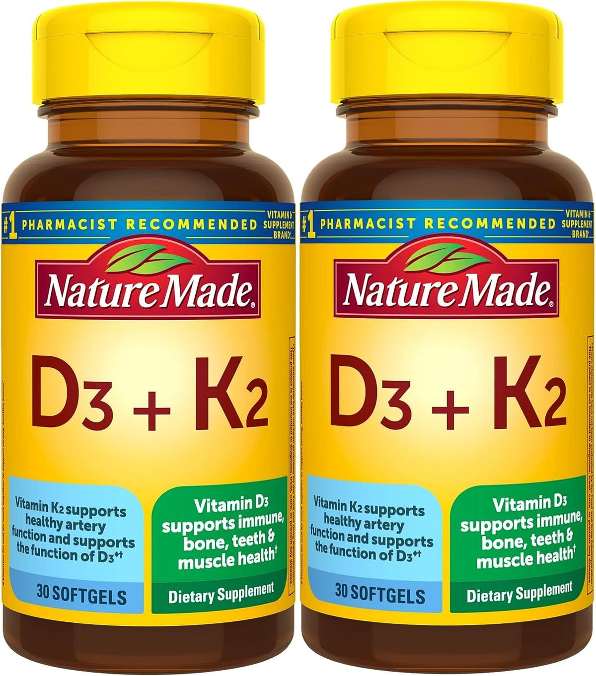 Nature Made D3 K2: botella con cápsulas para soporte inmunológico y huesos fuertes
