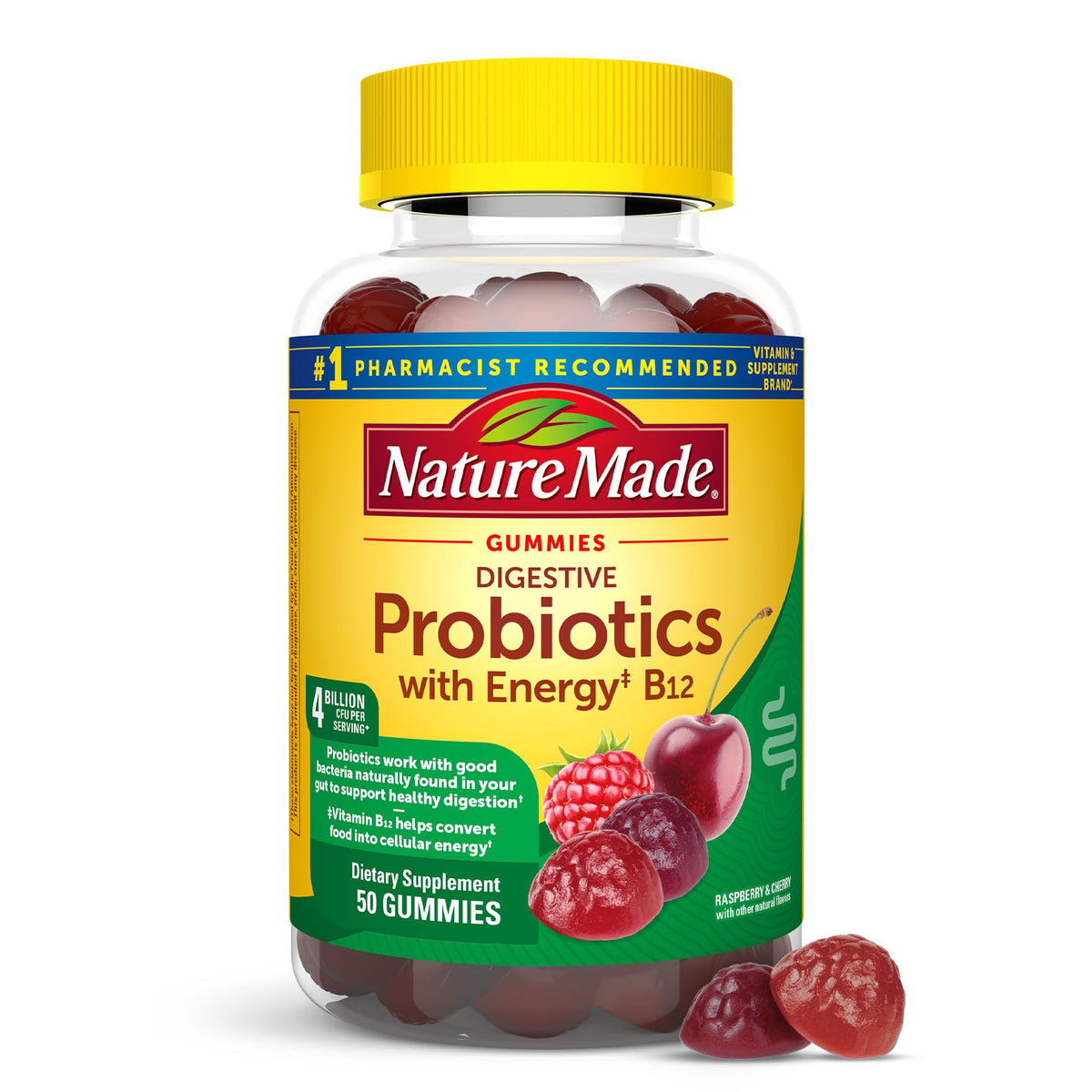 Nature Made Digestive Probiotics gomitas frasco frontal, apoyo digestivo potencial.