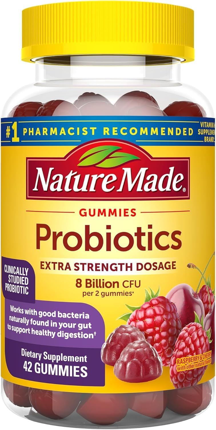 Nature Made Probióticos Digestivos Ultra-Fuerza gomitas frambuesa-cereza para apoyo digestivo diario.