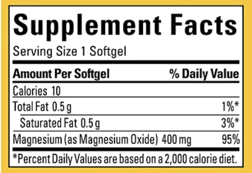 Etiqueta de Nature Made Magnesio 400 mg con información de uso.