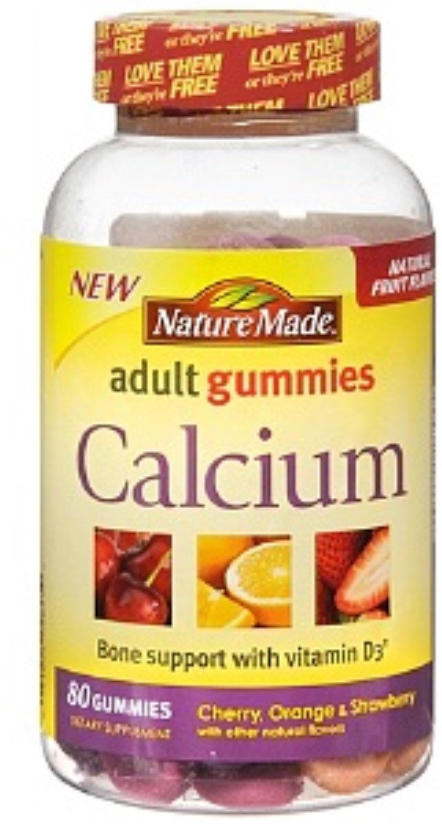 Gomitas Nature Made para adultos con sabores cereza, naranja y fresa, para huesos saludables.